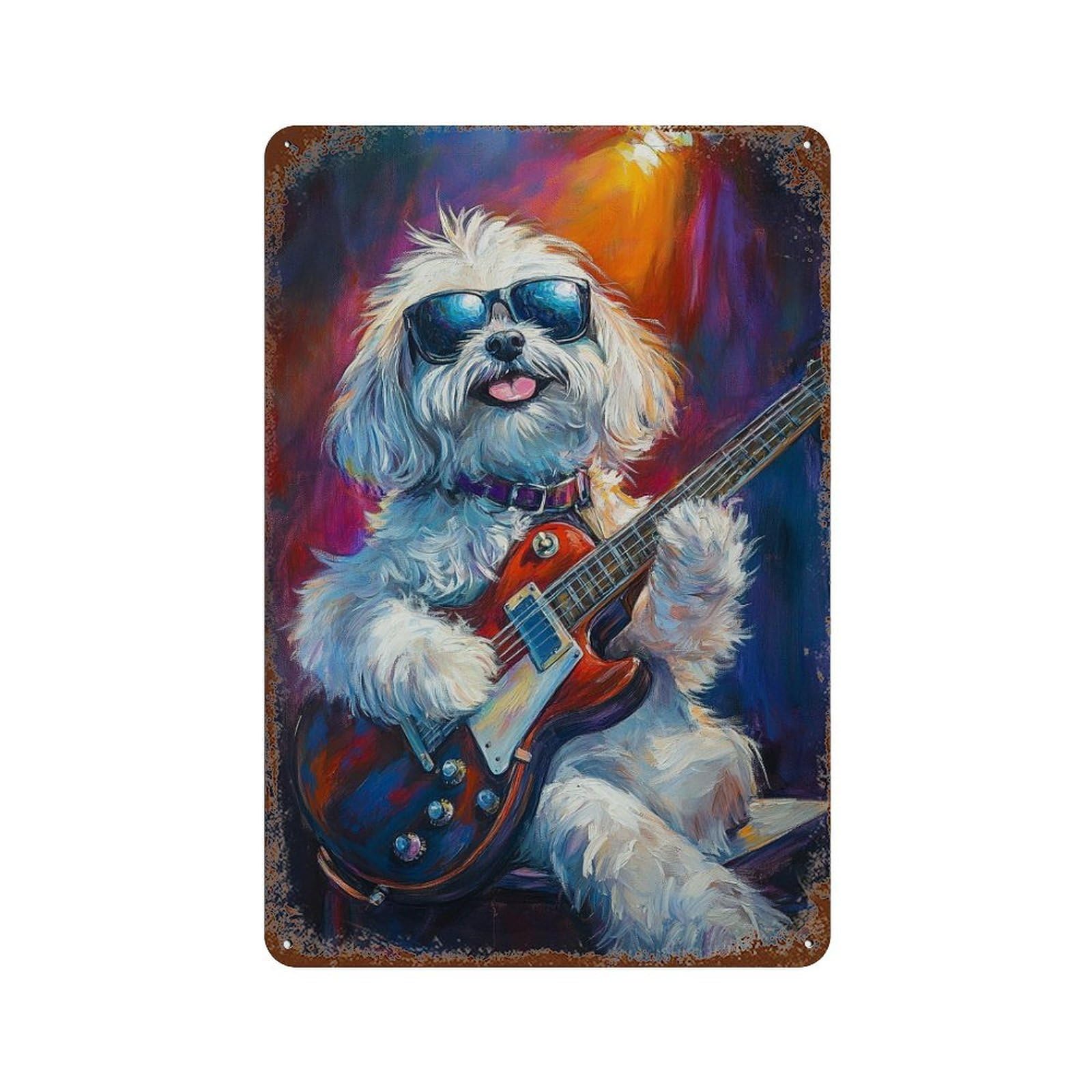 Rock Star Pup with Guitar -4 Rust Effect Tin Sign 11.8"x7.9", Farmhouse Wall Decor for Bistro, Counter And Cafe Decor