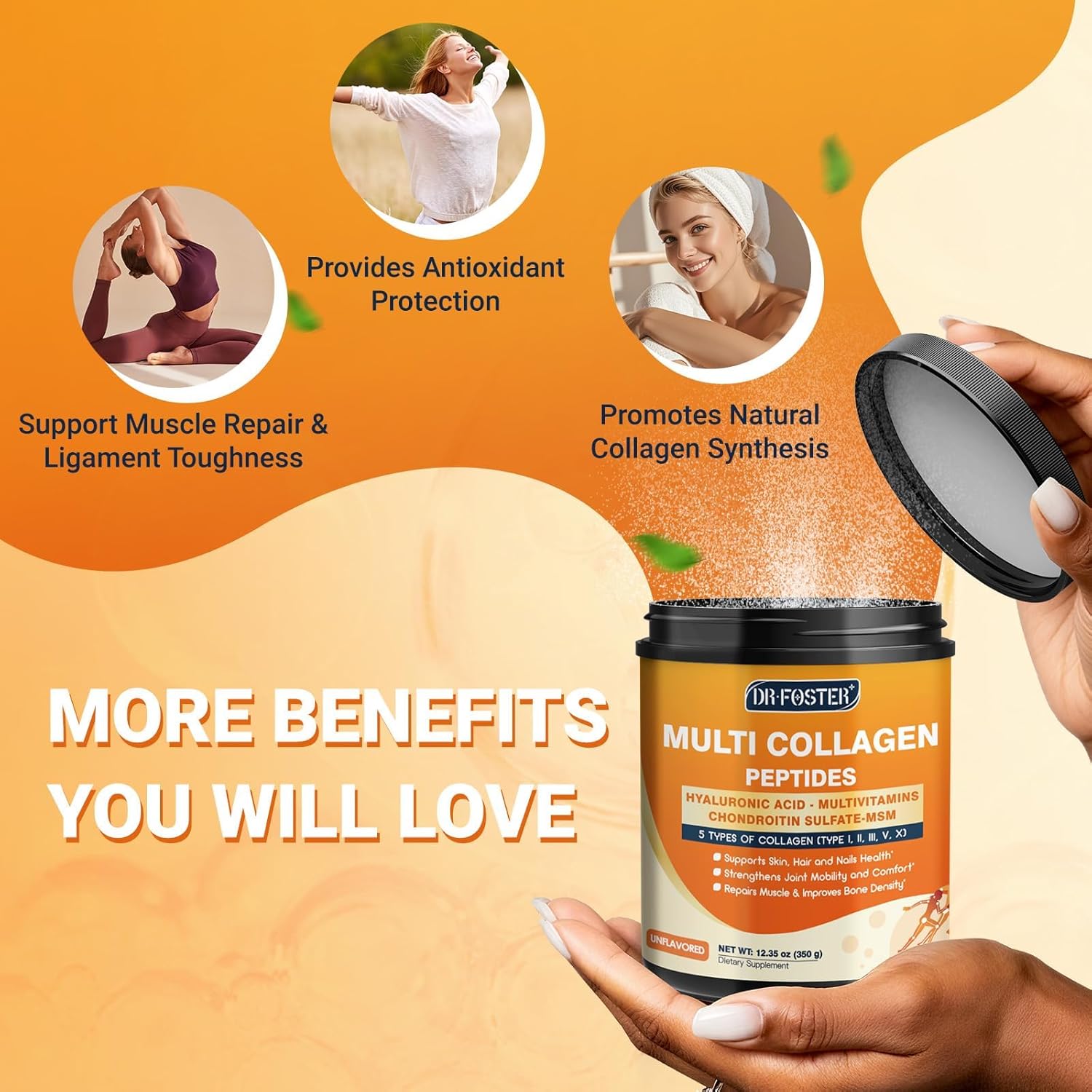 DRFOSTER Multi Collagen Peptides Powder for Women Men with MSM + CS & D3 - Type I, II, III, V, X Hydrolyzed Collagen with Vitamin C & Hyaluronic Acid for Skin Hair Nails & Joint, Non-GMO, 35 Servings - Image 5