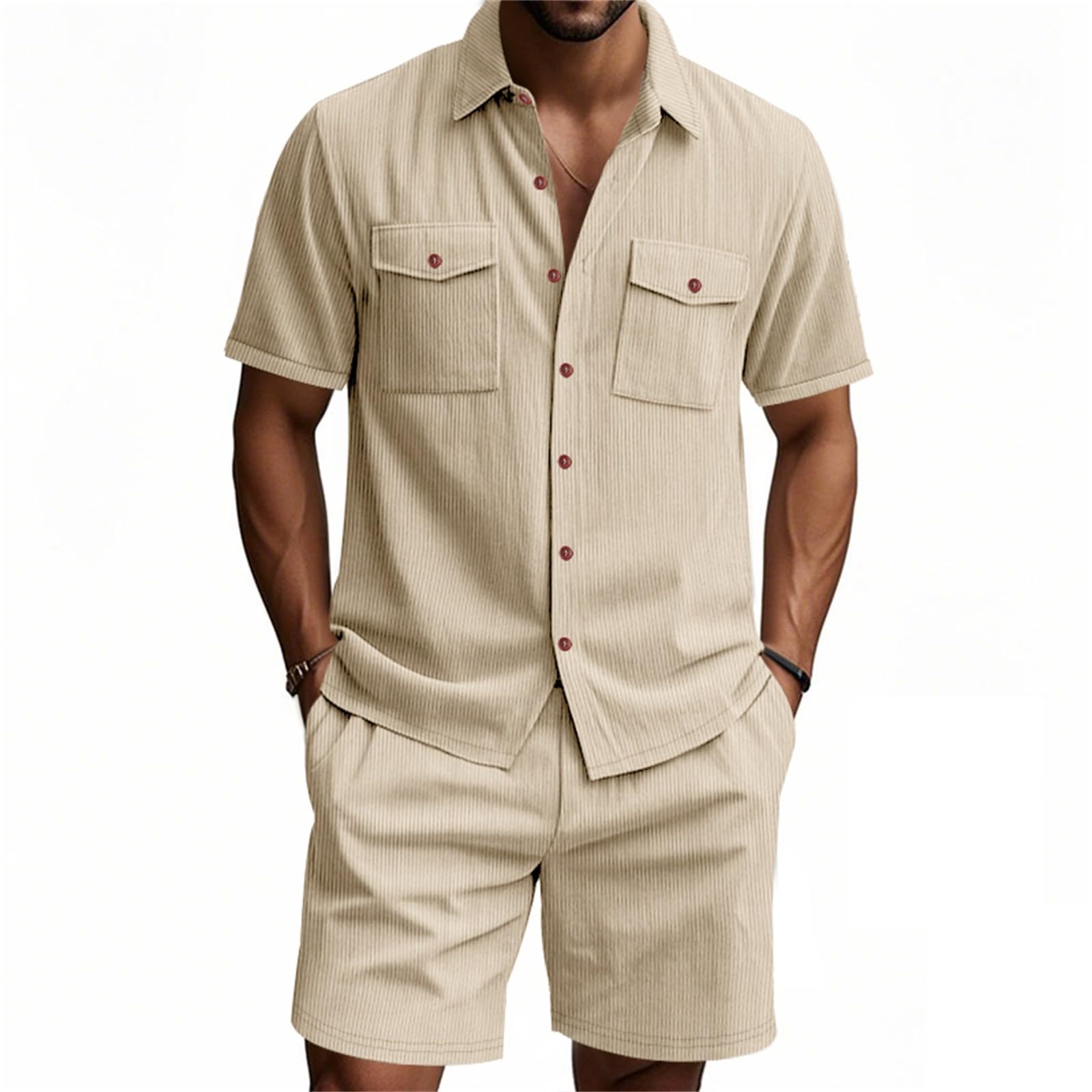 Herren Sommer Outfit Set Hemd Und Shorts Set 2 Teiliges Hemden mit 2 Taschen Kurze Hosen Elastischer Taille Leichte Sommeranzug Freizeitanzug Loose Fit Urlaub Strandanzug