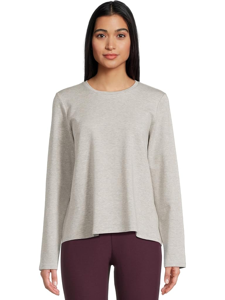 White Eileen Fisher Striped Cozy Brushed Terry Crew Neck Top