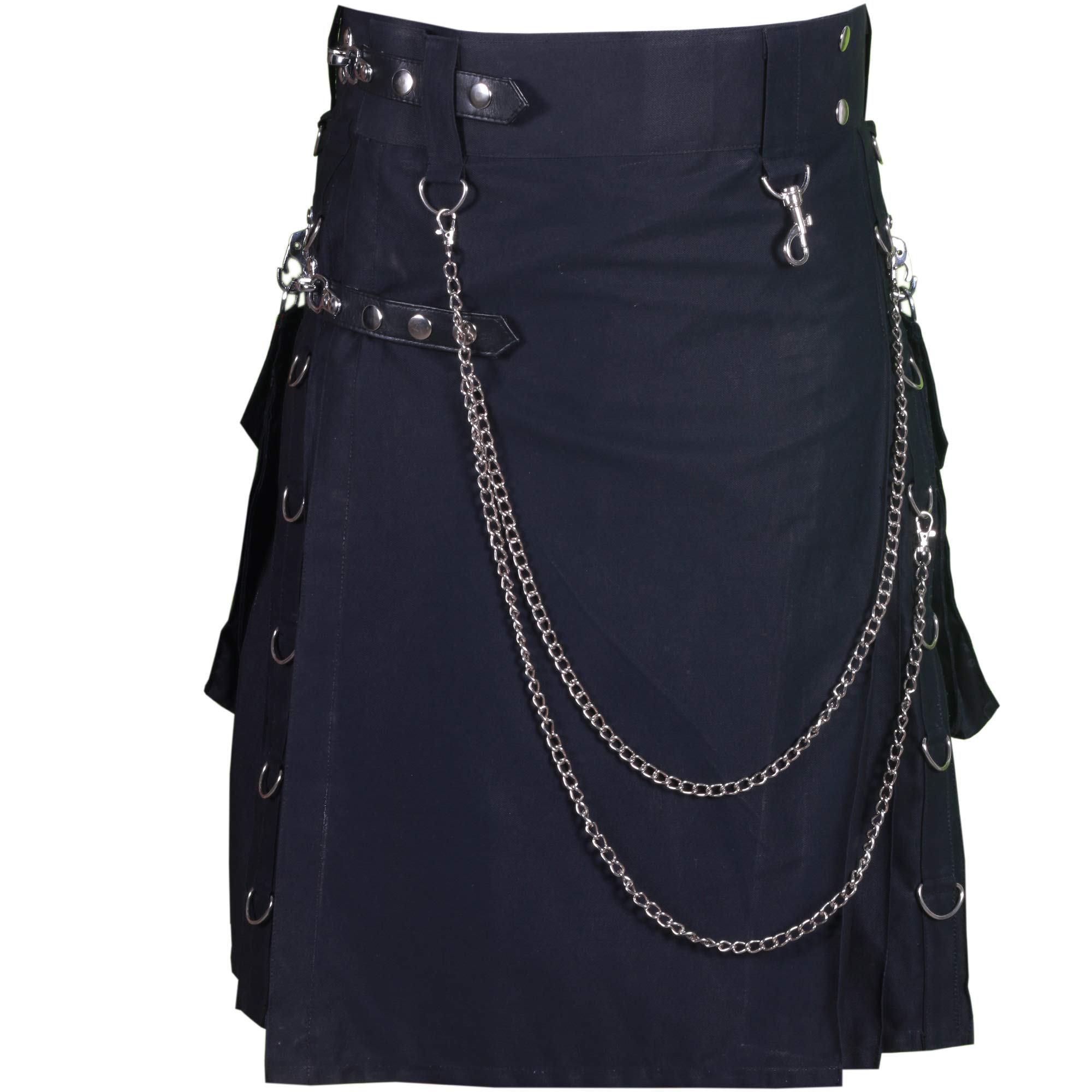 All Kilts Sports Men's Wedding Utility Stud Kilt with Detachable Pockets & Chain (Black, 30'')