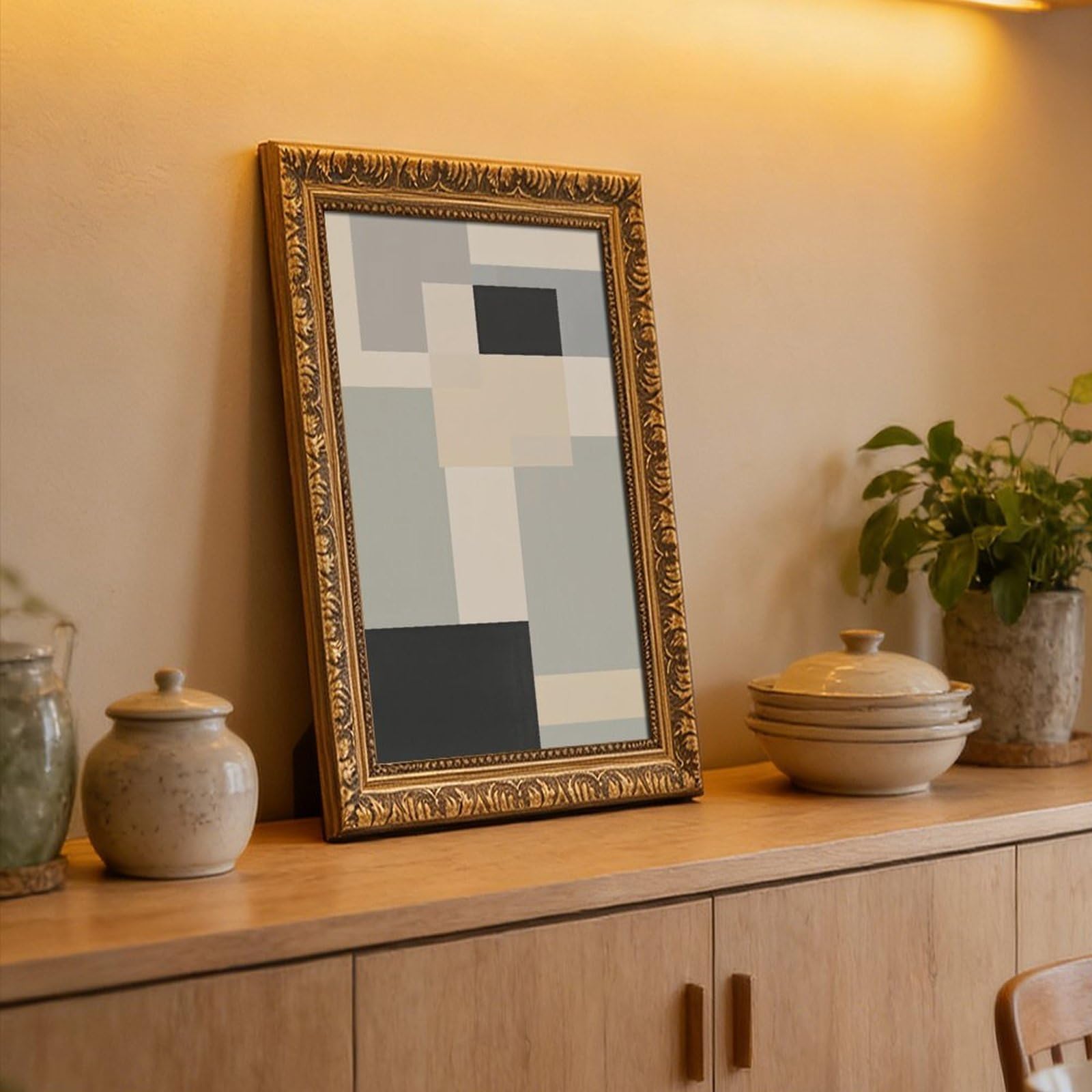 ELKPDOE Neutrales abstraktes und minimalistisches Poster, Leinwand-Poster, Schlafzimmer-Dekor, Sportlandschaft, Büro, Raumdekoration, Geschenk, Retro, goldener Rahmen, 40,6 x 61 cm (L x B)