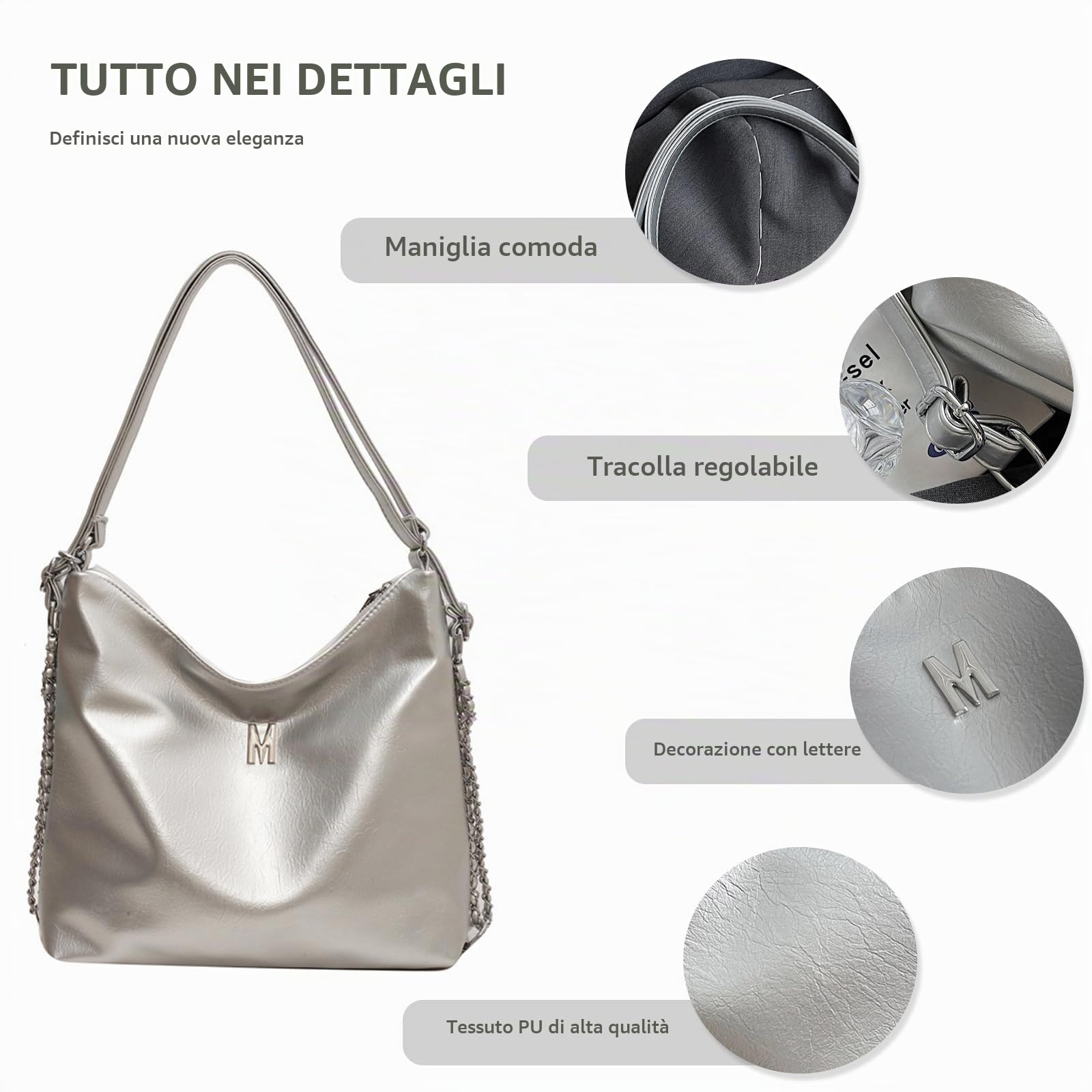NICOLE & DORIS Borsa Donna Tracolla Grande Borsa a Spalla Moda Borsa a Mano Versatile Borse Hobo Pelle PU Zaino Convertibile Borsetta Shopper Argento