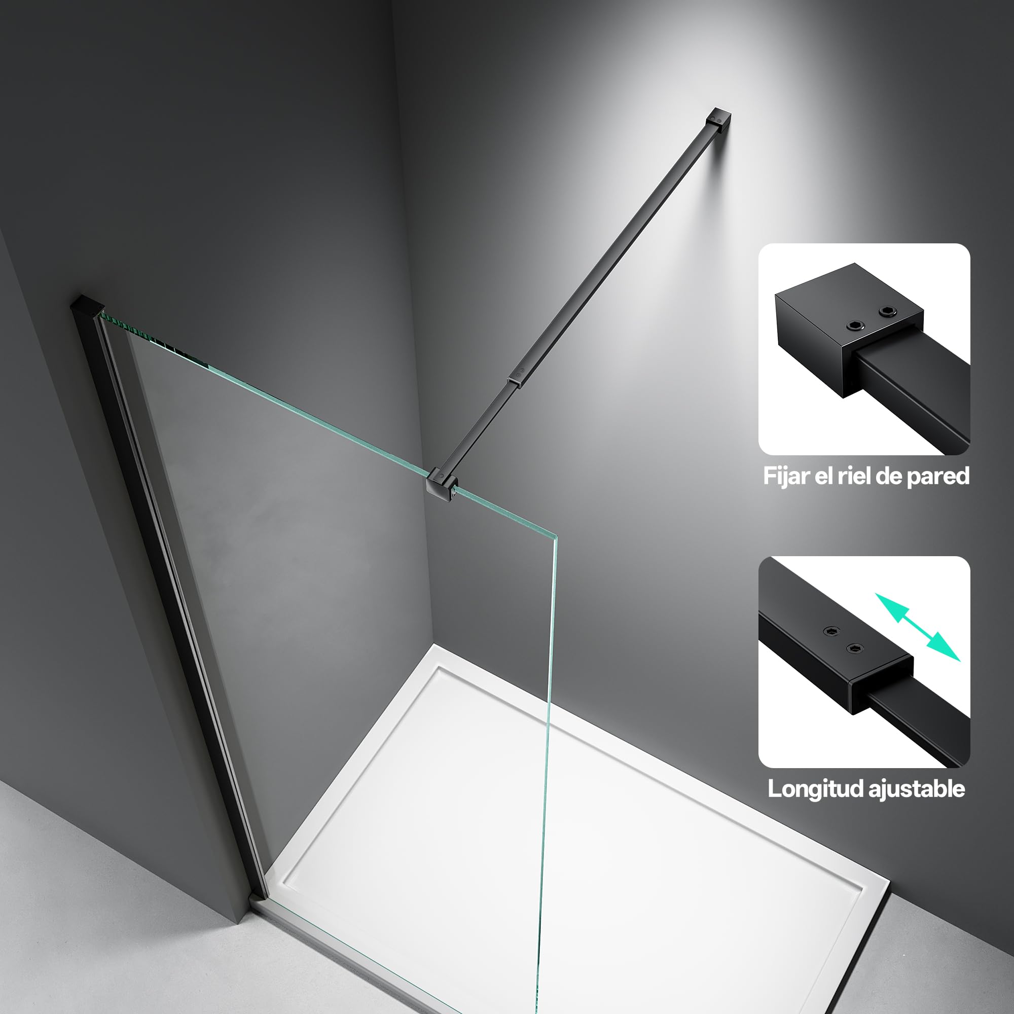Barra de soporte telescópica de pared para mampara de ducha, ajustable de 66,7 a 121,5 cm (desde la pared hasta el borde interior del vidrio), para vidrio de 6-10 mm, negro mate | Fabricado con acero inoxidable 304, adecuado para vidrio de 6-10 mm, diseño