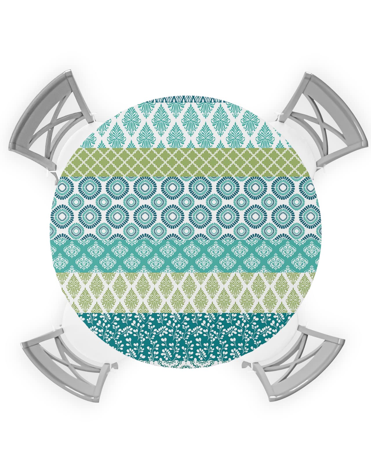 Bohemia Round Waterproof Table Cover Fitted Tablecloth, Wipeable Fabric Elastic Table Cloth Oil-Proof Tablecover for Indoor Outdoor Picnic Party, Geometric Blue Green Turquoise Stripe Flower 45