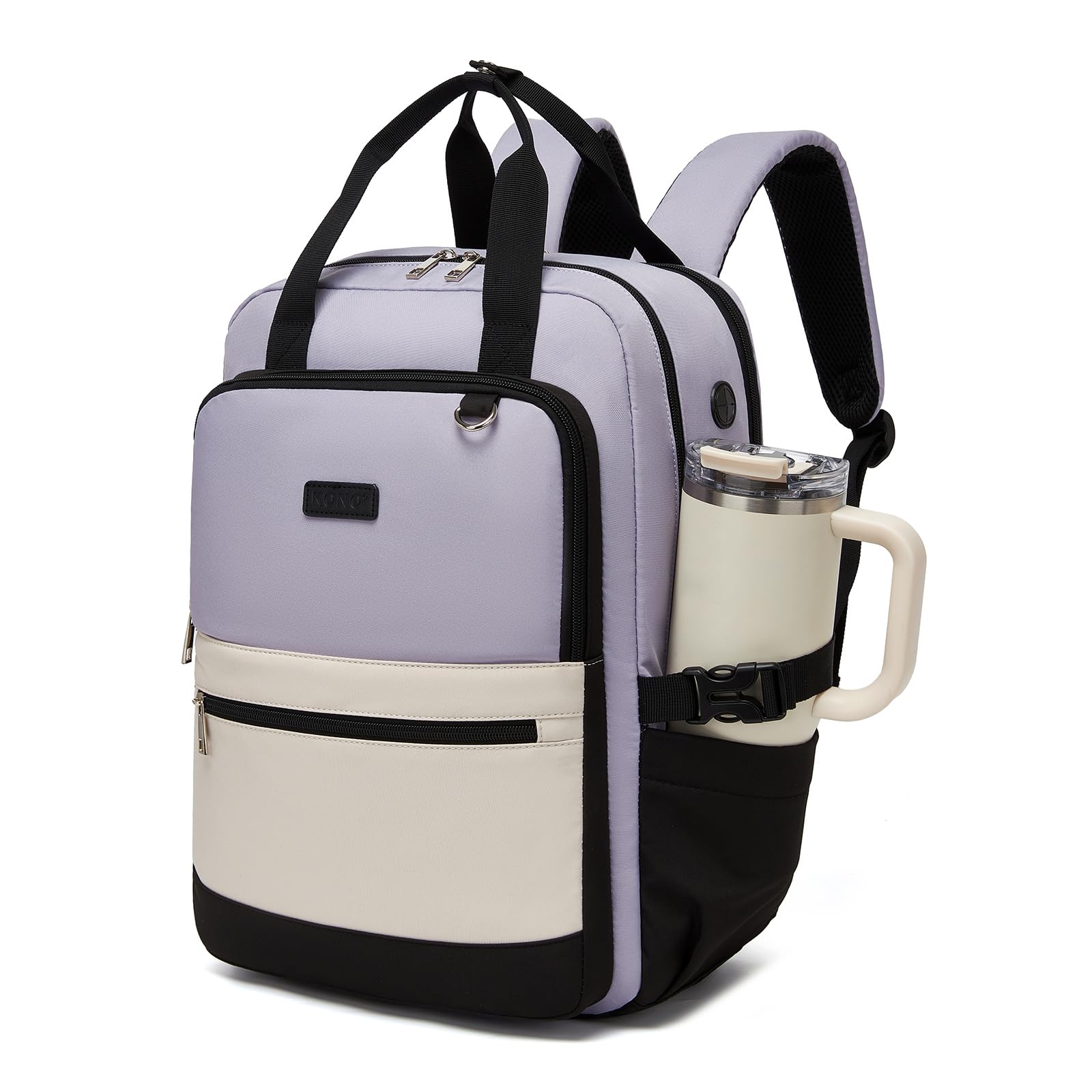 KONO Rucksack Damen 15,6 Zoll Laptop Rucksack Damen, Schulrucksack Elegant, Business Daypack mit vielen Fächern, 2 in 1 Rucksack & Handtasche mit Kabelöffnung für Uni Büro Reise (Lila/Beige)