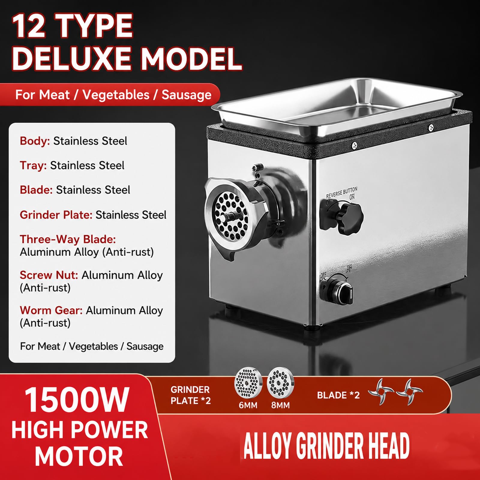 Tritacarne Elettrico 1500w In Acciaio Inox Con Funzione Inversa