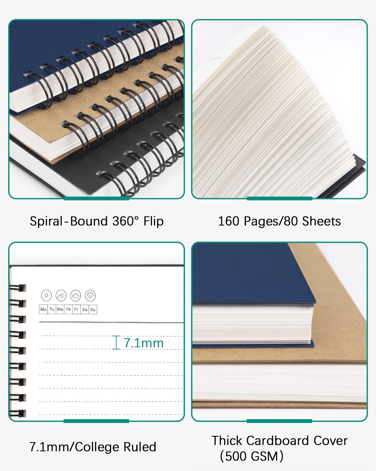 Dynta Grands carnets à spirales lignés de 21,6 x 27,9 cm pour école, bureau, étude et notes, idéal pour les étudiants et le bureau, 160 pages/80 feuilles avec papier ligné de 100 g/m² (noir)