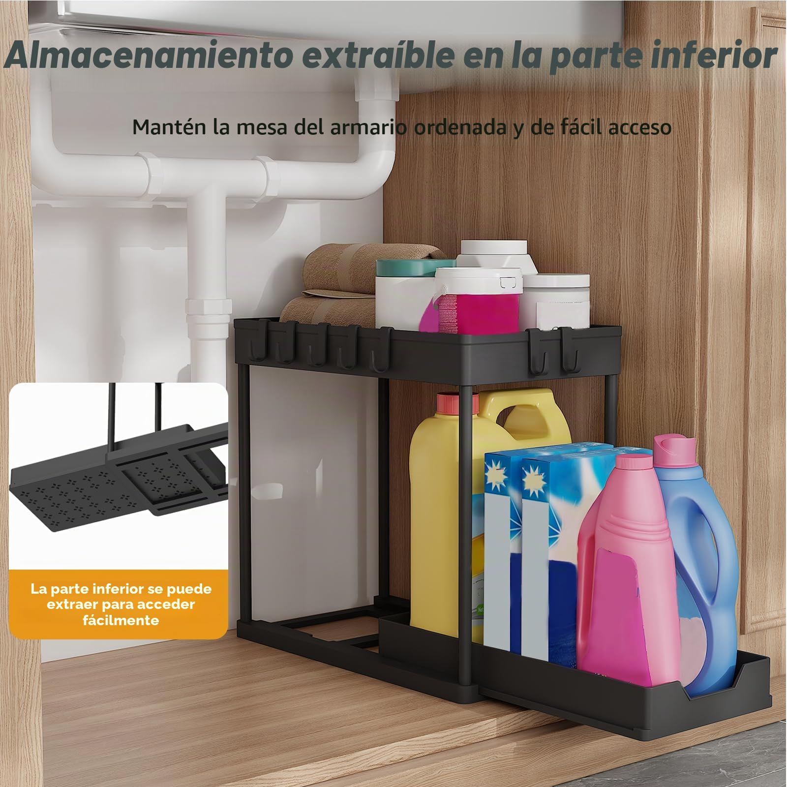 Meltrck 2 Paquete Organizador Cocina 2 Niveles para Debajo del Fregadero - Organizador Extraíble Estante Almacenamiento Debajo Fregadero con 16 Ganchos,Negro