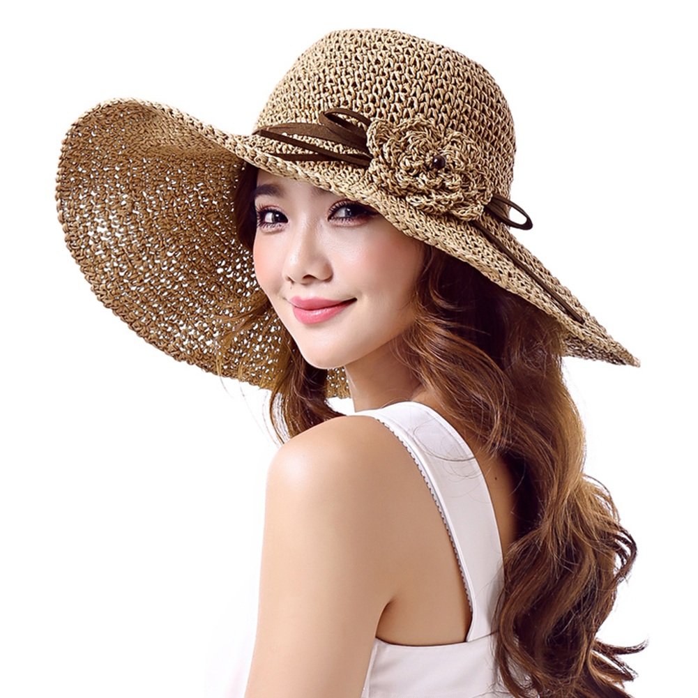 HAIPENG cap Sun Hat Women Hand Knitting Wide Brim Foldable Ventilation Sweatband Summer, 3 Colors Optional Sun Hat (Color : Khaki)