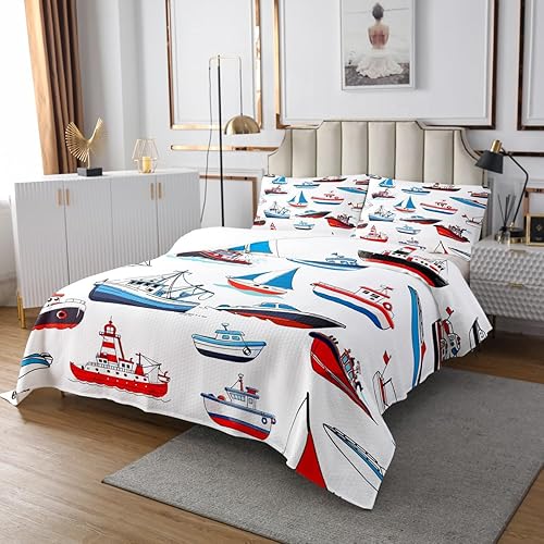 Miniatura 3 de Juego de edredón de barcos náuticos de veleros, tamaño Queen, juego de ropa de cama temática de aventura oceánica, decoración de dormitorio para