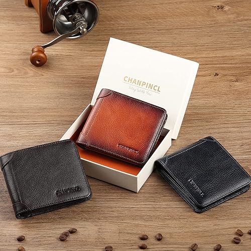 Miniatura 6 de CHANPINCL Billetera de piel triple con bloqueo RFID para hombre con 2 ventanas de identificación, 2 compartimentos para efectivo, 6-8 ranuras para