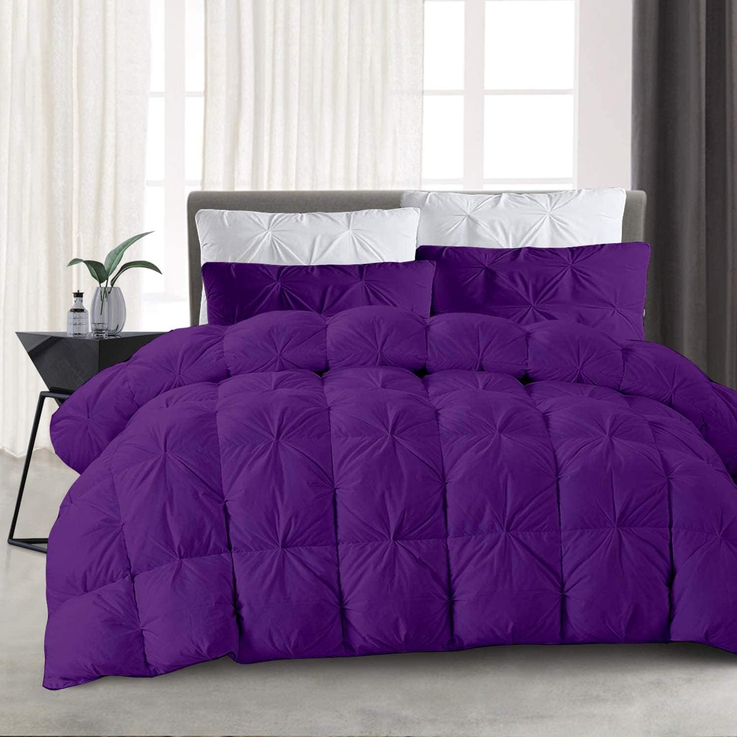 3 Piece Pinch Pleat Comforter Set Soft All Season Pintuck Fluffy King (106'' x 90'') Size Purpal Comforter 100% Cotton Quilted 500 GSM Fill Down Alternative Comforter with 2 Matching Shams