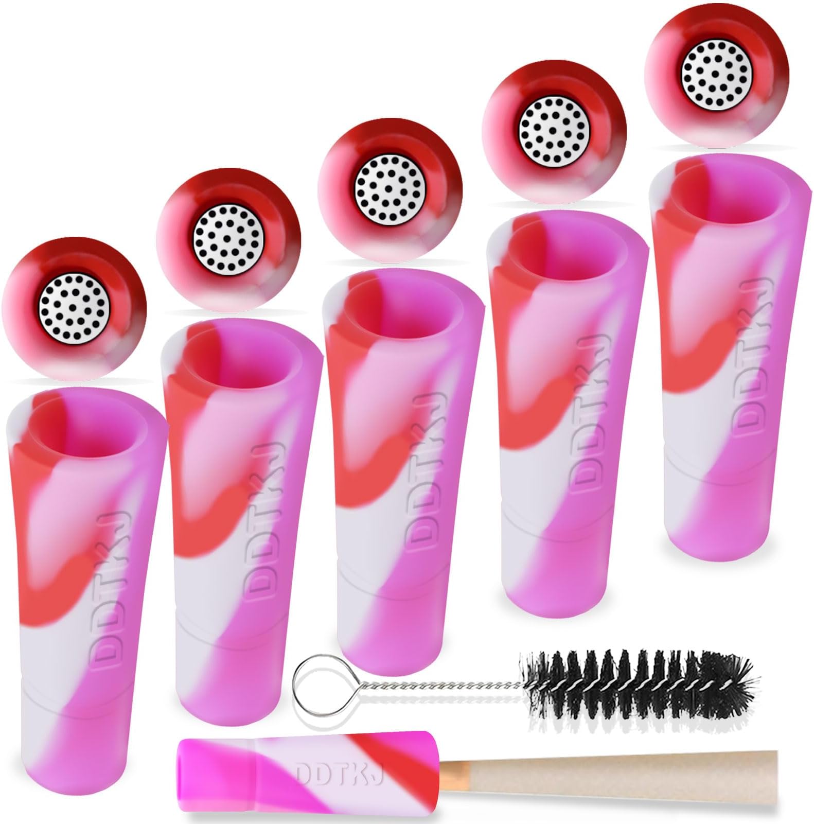 Circular Silicone Oversized Suction Nozzle Suitable for Pre Roll Cones, Replacement for Glass Filter Tips and Glass Rolling Tips. with Cleaning Brush, 5 Pieces (Pink/White/Red)