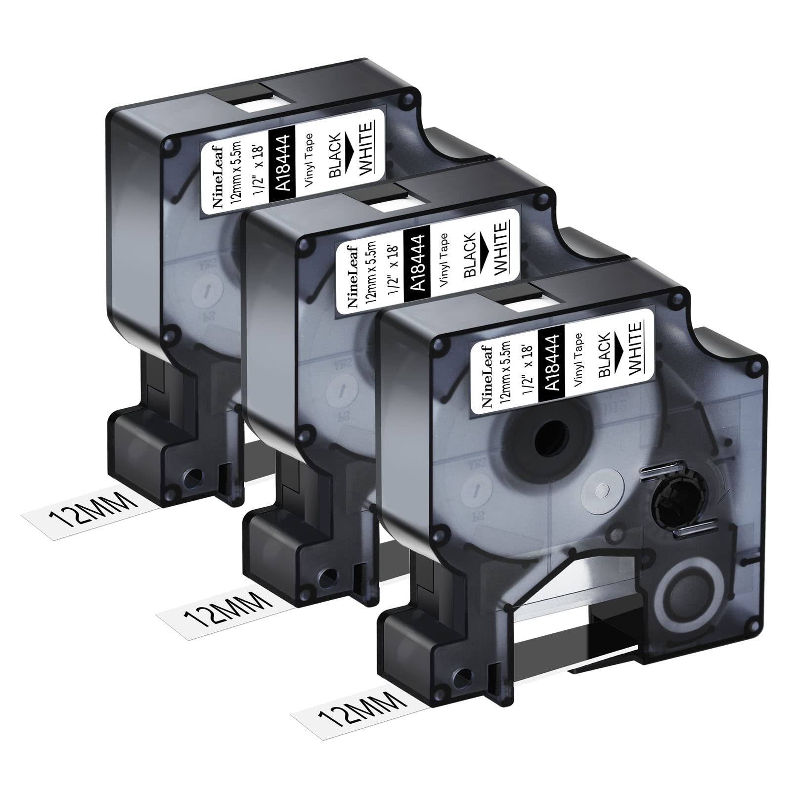 NineLeaf3 Pack Compatible for Dymo IND 18444 A18444 12mm x 5.5m 0.47'' 1/2 inch Black on White Vinyl Permanent Industrial Label Tape for Rhino 4200 5200 ILP 219 3M PL200 3M PL300 Label Maker