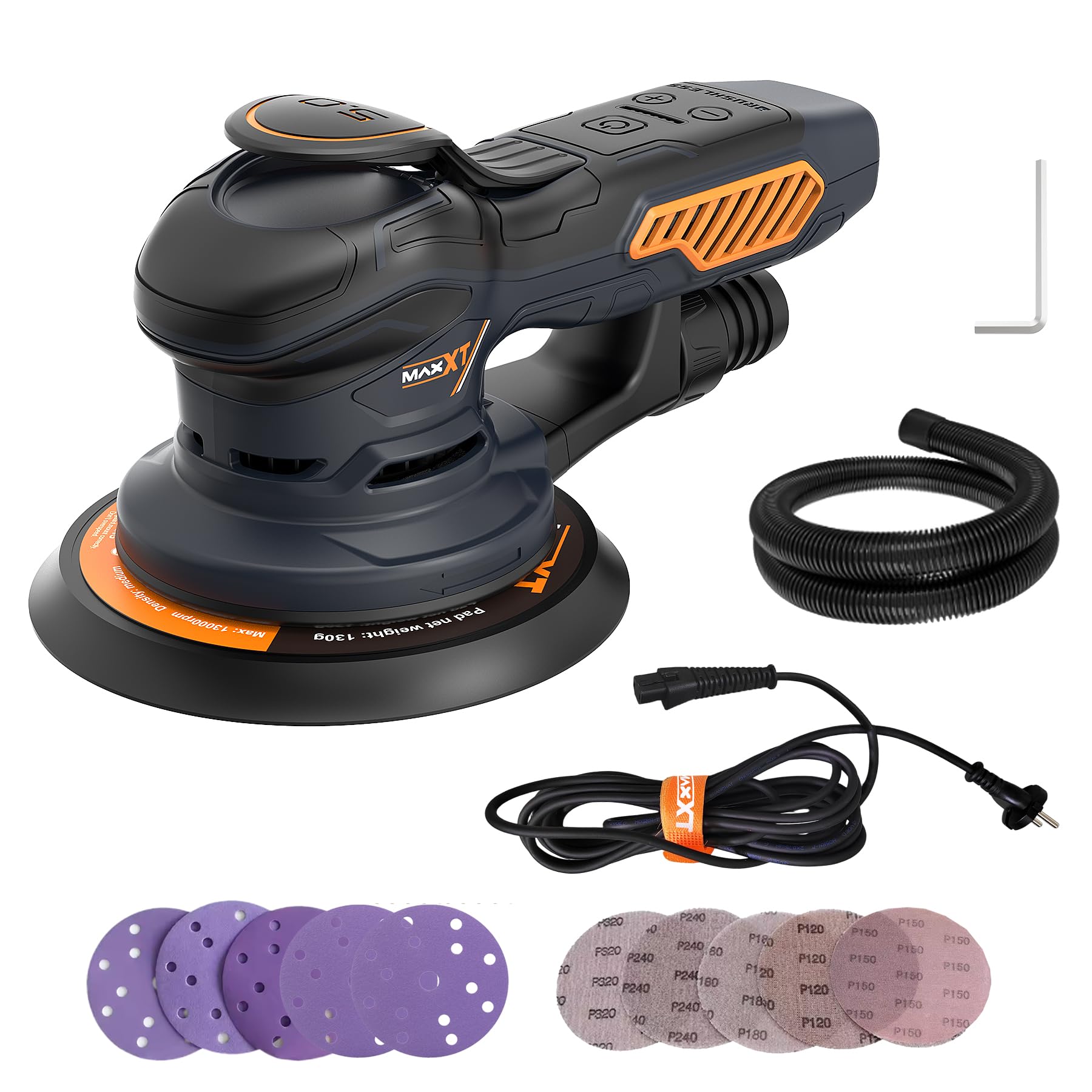 MAXXT Levigatrice Orbitale - 6 Velocità Regolabili, 10000 RPM, 150mm, 10PCS Carte Abrasive, Facile da Cambiare, per Legno e Metallo (Multipli Angoli)