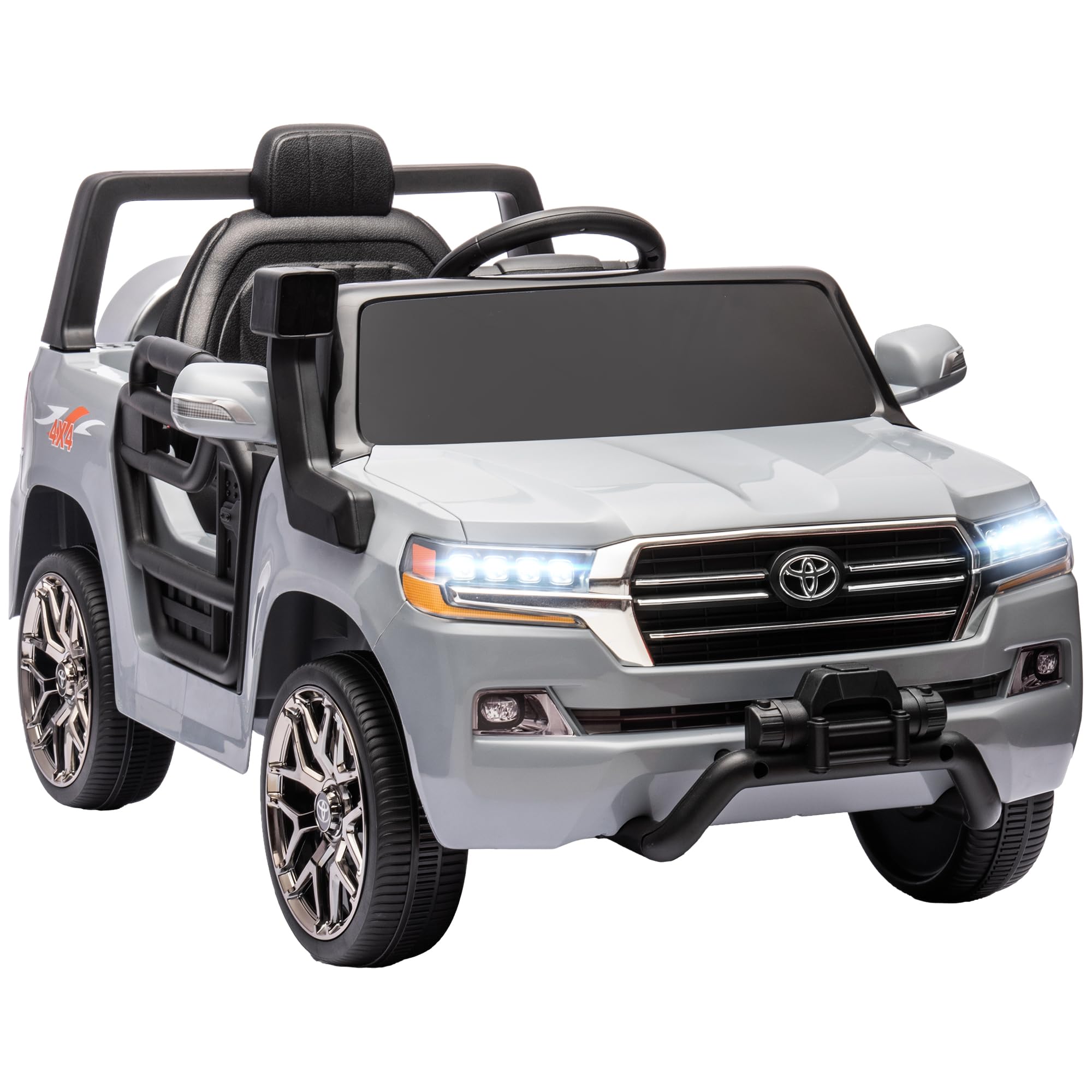 AIYAPLAY Coche Eléctrico para Niños de +3 Años Toyota Land Cruiser Coche Eléctrico con Batería 12V Mando a Distancia Faros Bocina Arranque Suave y Música MP3 Gris