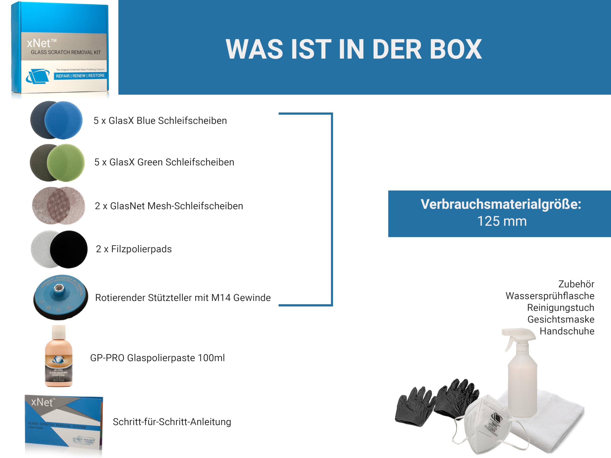 Glass Polish 125 mm PRO Glaskratzer-Entfernungsset für professionelles Glaspolieren, entfernt Kratzer, Graffiti, Wasserschäden und Säureätzungen, stellt den Originalzustand Wieder her