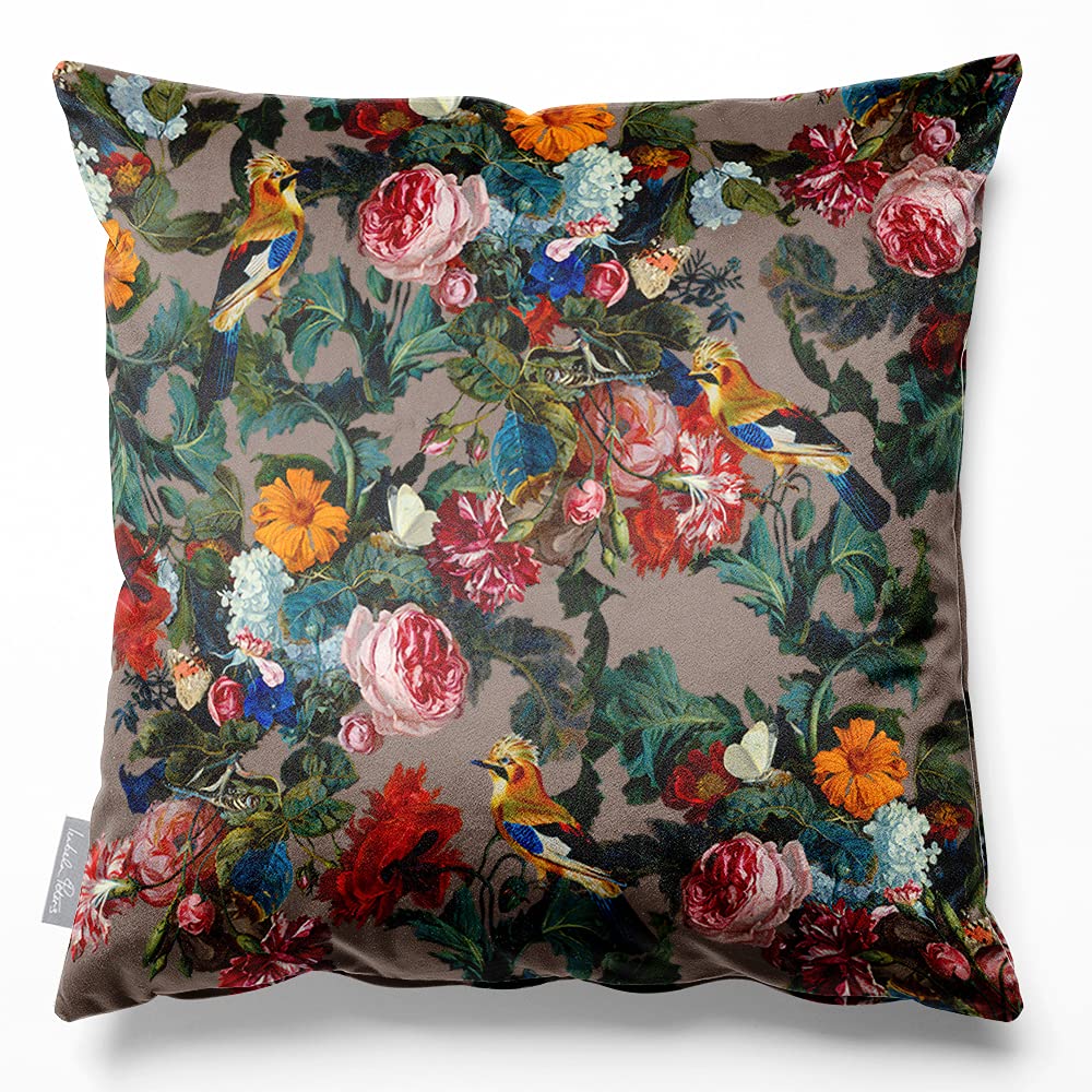 Izabela Peters Dovedale Stone Velvet Cushions - Eco-Friendly, 50 Cm, Birds In Paradise - Chair & Sofa Seat Cushions
