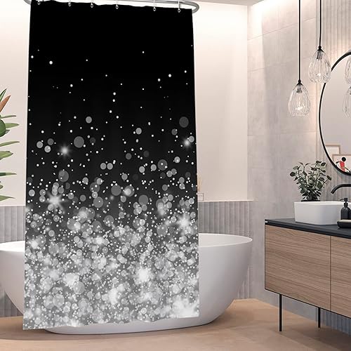 Miniatura 10 de OERJU Cortina de ducha de 72 x 96 pulgadas con puntos brillantes, hermosa noche romántica de ensueño, arte blanco y negro, estilo femenino, tela