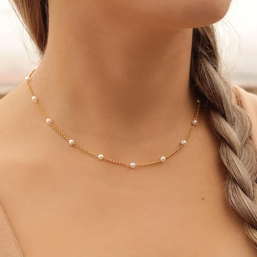 Miniatura 3 de TOBENY Pearl Necklaces for Women 14k Gold Plated Handmade White Pearl Choker Necklace Dainty Small Tiny Beaded Pearl Strand Chain Necklace Delicate