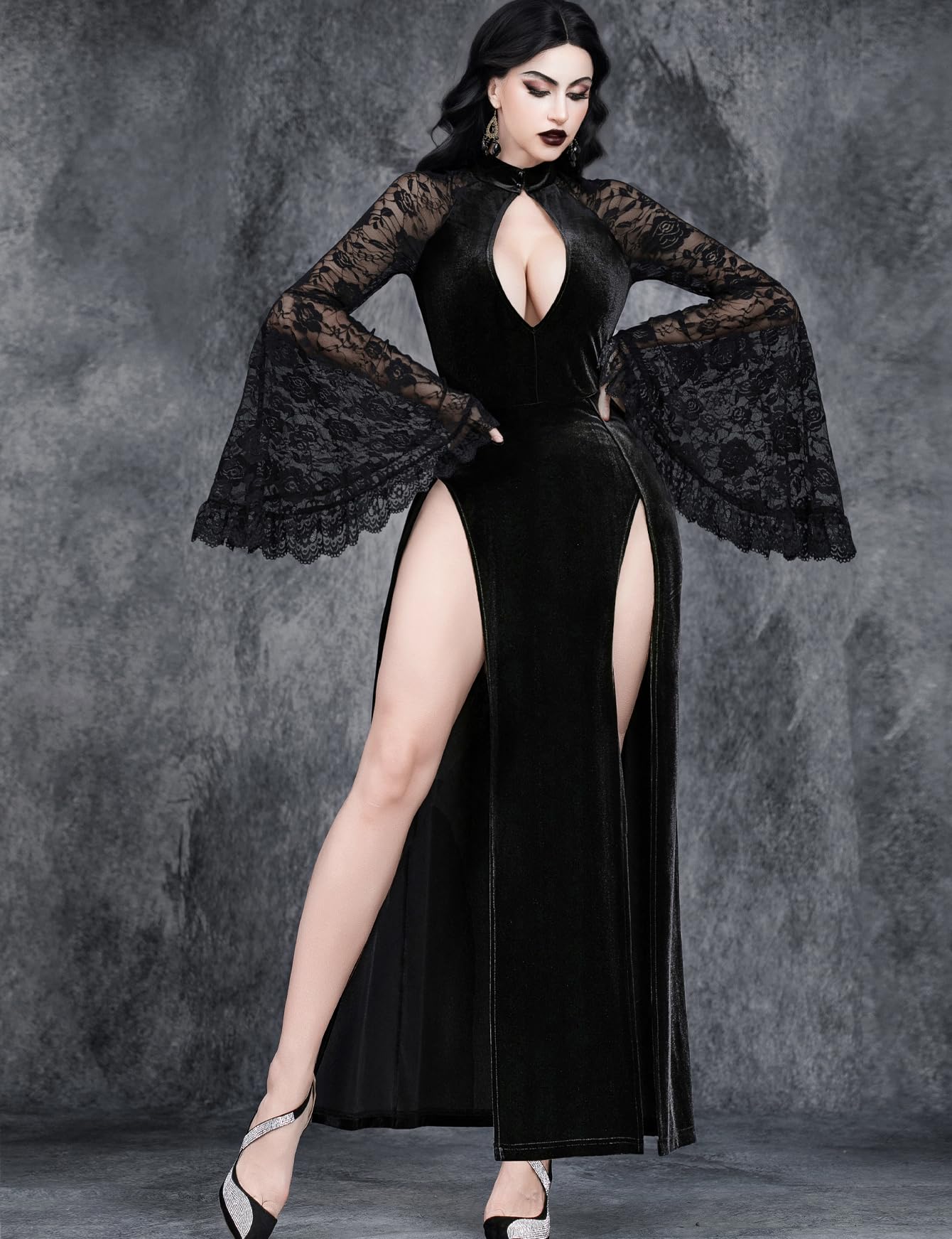 InGoticos Women Gothic Sexy High Slit Cutout Lace Sleeve Patchwork Bridal Goth Dress: Medium