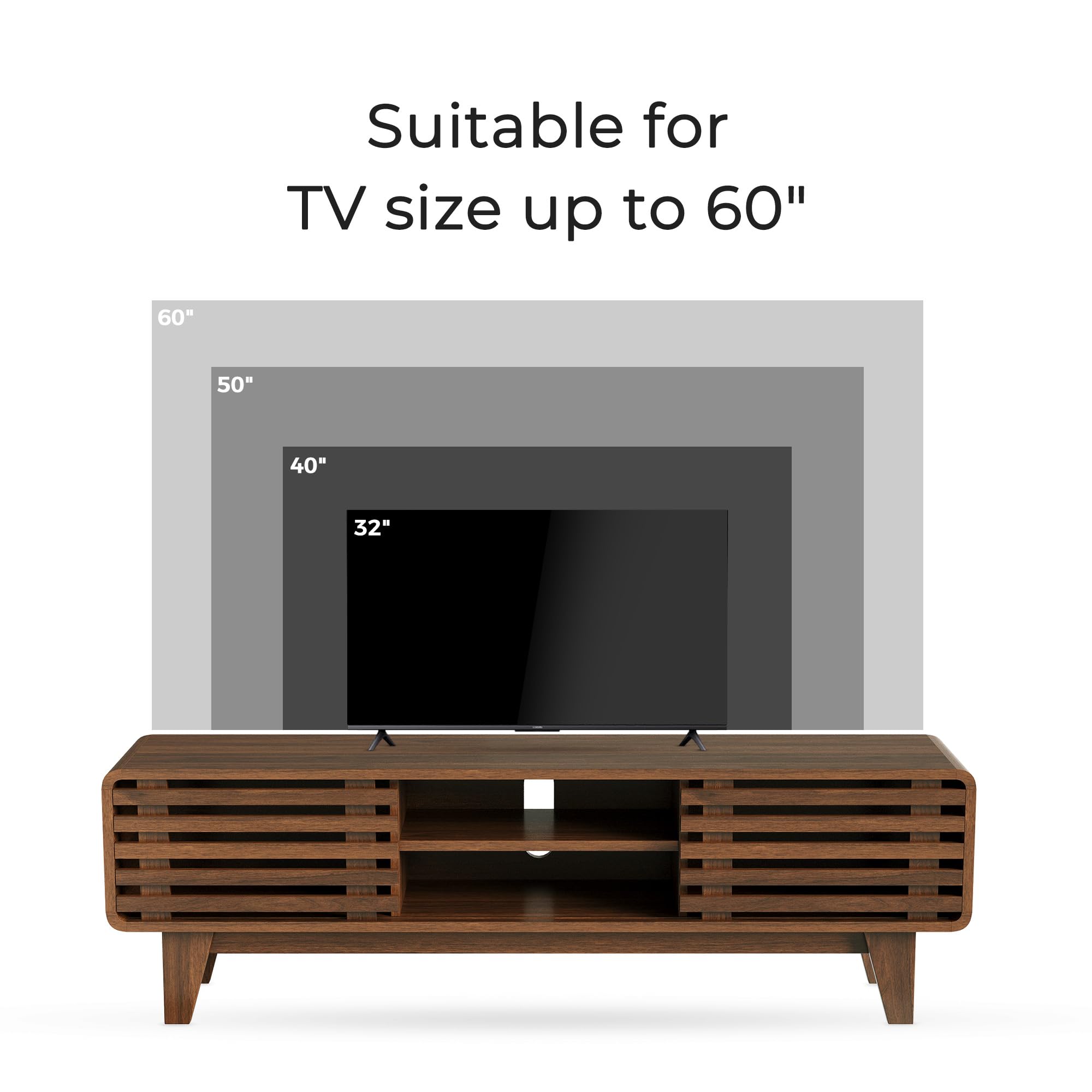 Soporte de TV para TV de 60 pulgadas, centro de entretenimiento moderno de mediados de siglo con almacenamiento, soporte de televisión bohemio con estantes y puertas correderas de rejilla, 3