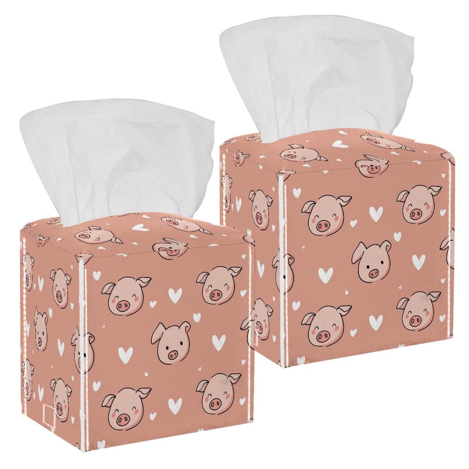 Pink Pig Tissue Box Cover, 2 Pack PU Leather Square Facial Tissue Dispenser Box holder for Home Office Car