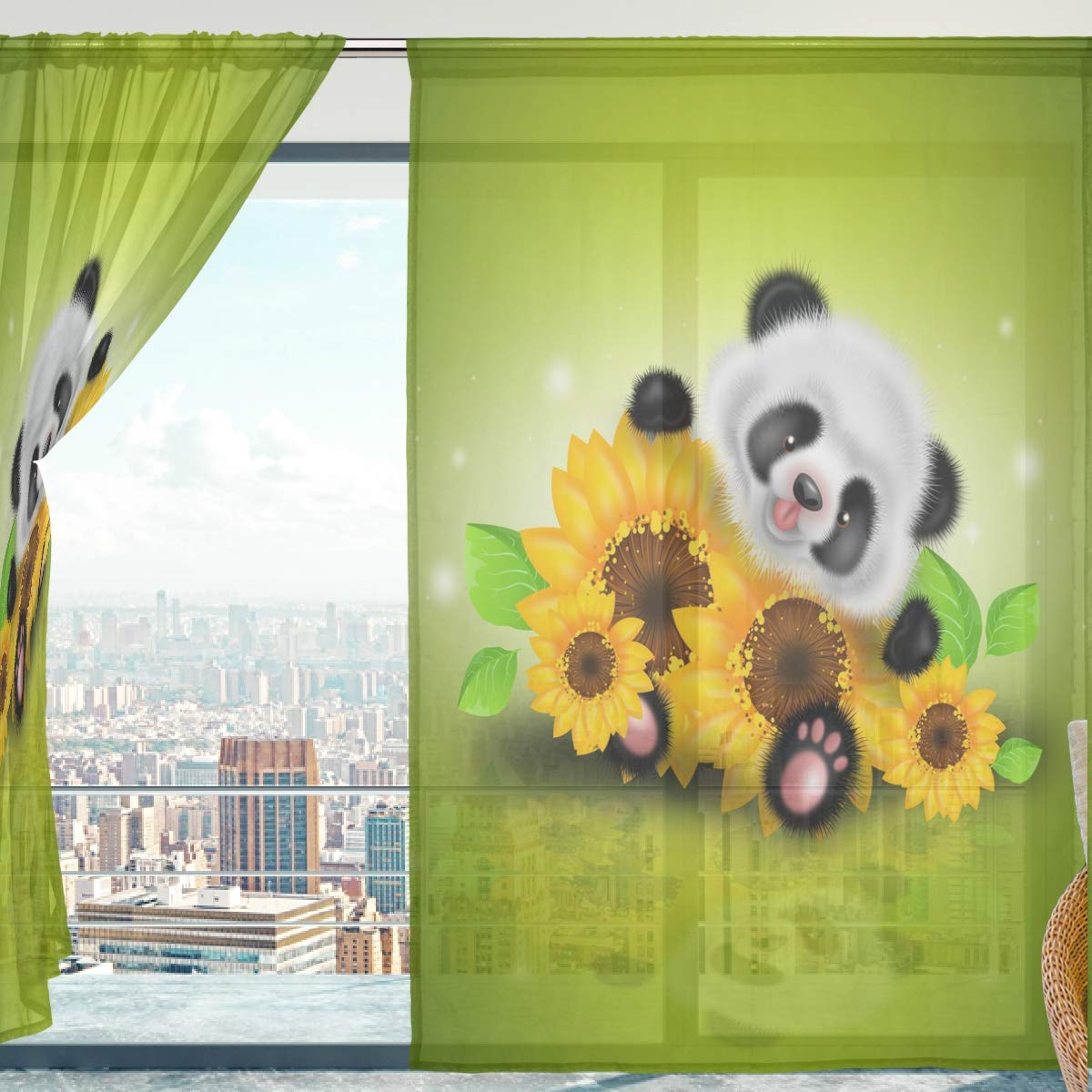 Mnsruu Fenster Vorhänge, Gardinen Panda Muster Modern Voile Platten Tüll Gardinen 198 cm Lang für Wohnzimmer Schlafzimmer Fenster Decor Set von 2