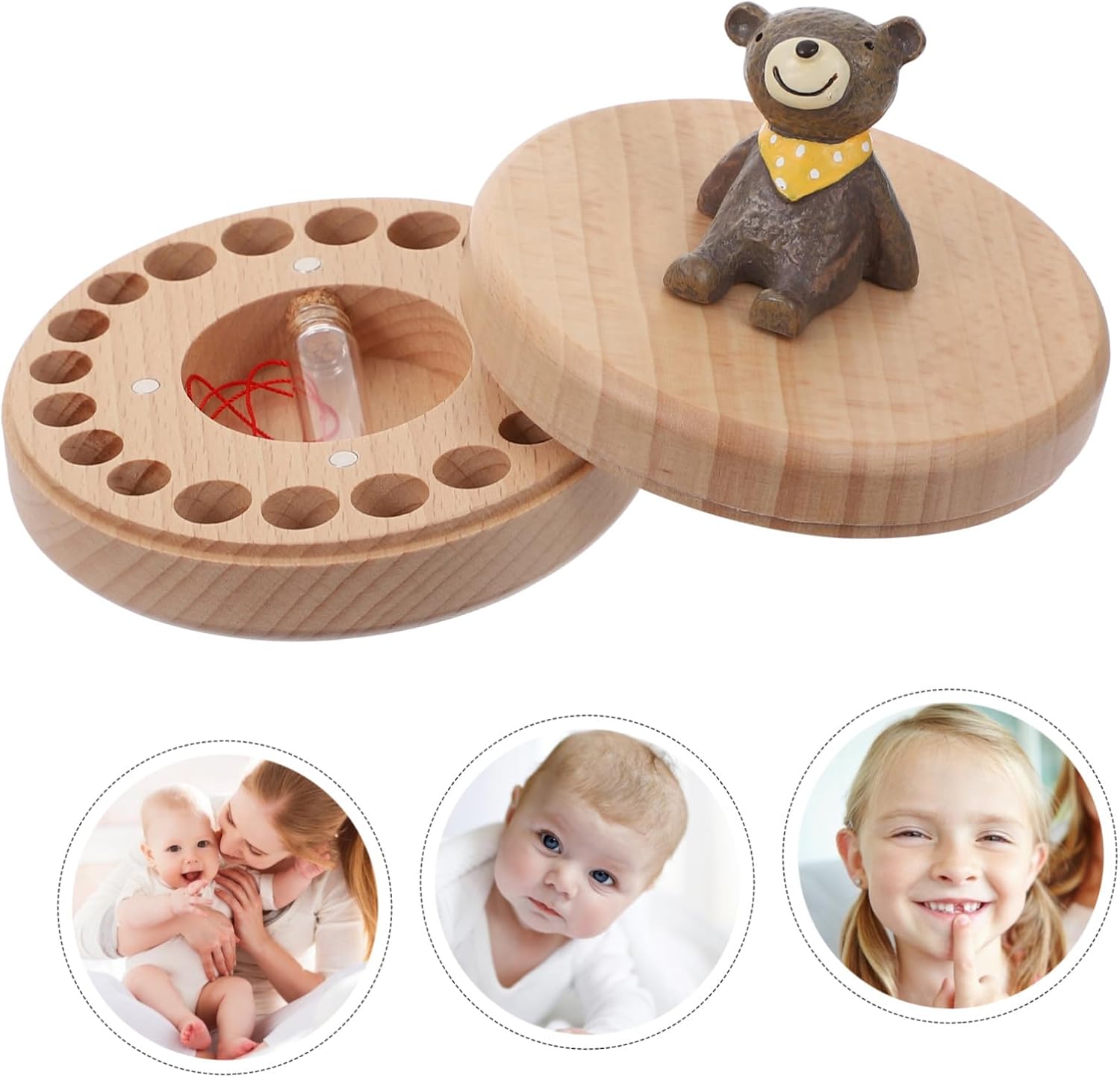Beech Wood Teeth Keepsake Box with Lanugo Bottle and String Tooth Memory Case for Newborns Smooth Surface Teething Memorial Container Gift for Showers and Birthdays