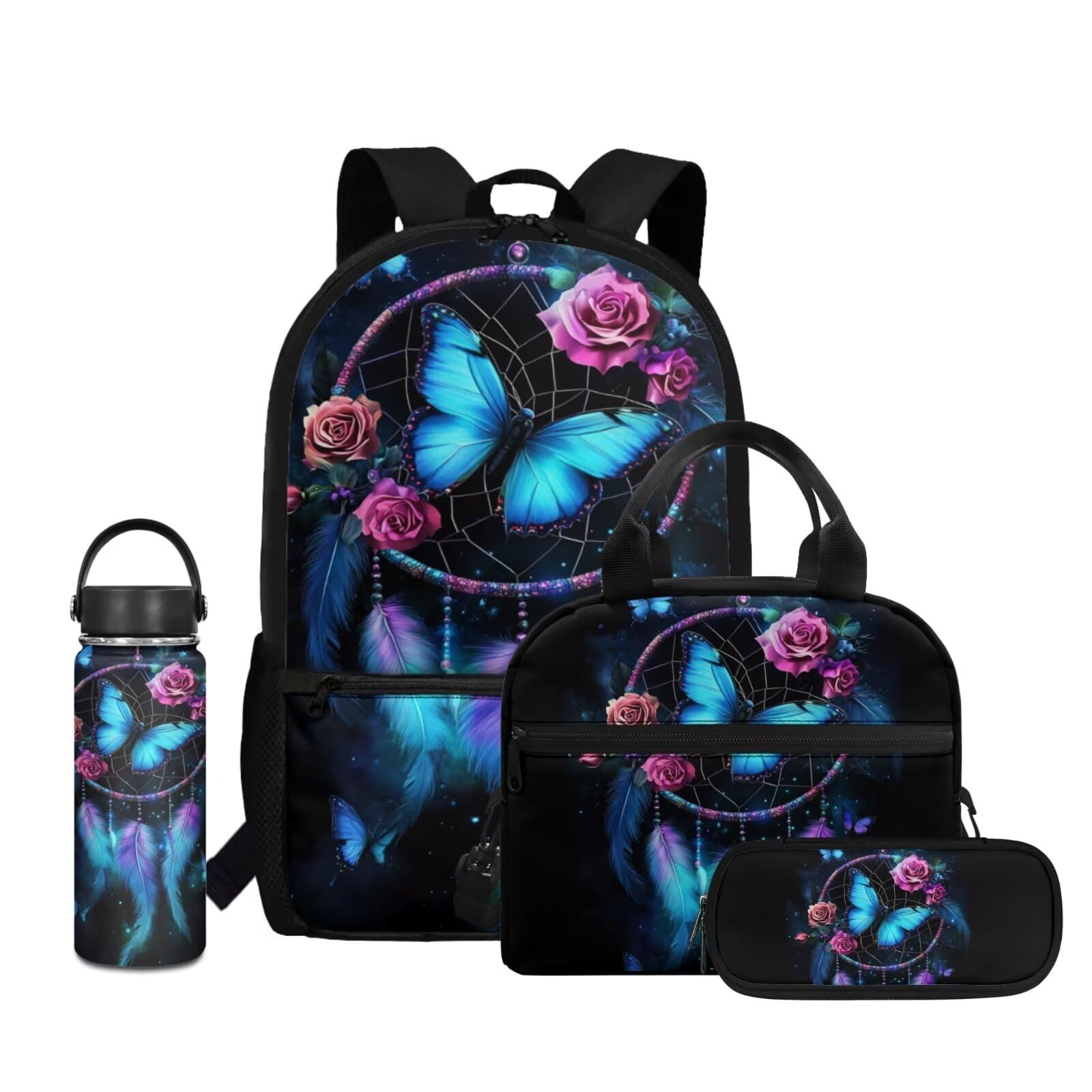 Coldinair 4 Pcs Butterfly Backpacks for Girls Kids Floral Backpack with Lunch Box Bag Pencil Case and Water Bottle Bag Lightweight School Bag Backpack