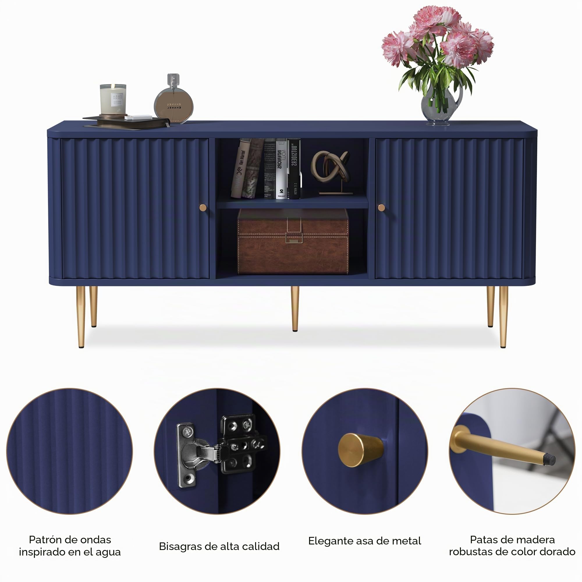 Mueble para televisor-armario de televisión de madera mesa para TV con 2 puertas mueble bajo para televisor estante para TV para sala de estar, comedor, dormitorio, estilo moderno (Azul)