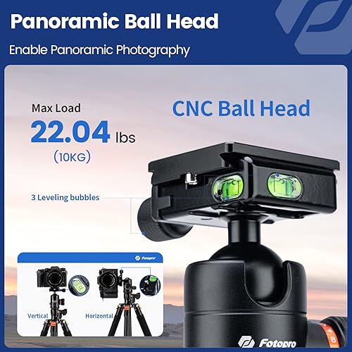 Miniatura 3 de Fotopro Trípode Horizontal de Fibra de Carbono, Trípode de Cámara de 75 Pulgadas con Cabezal de Bola de 360 Grados Placa de Liberación Rápida para