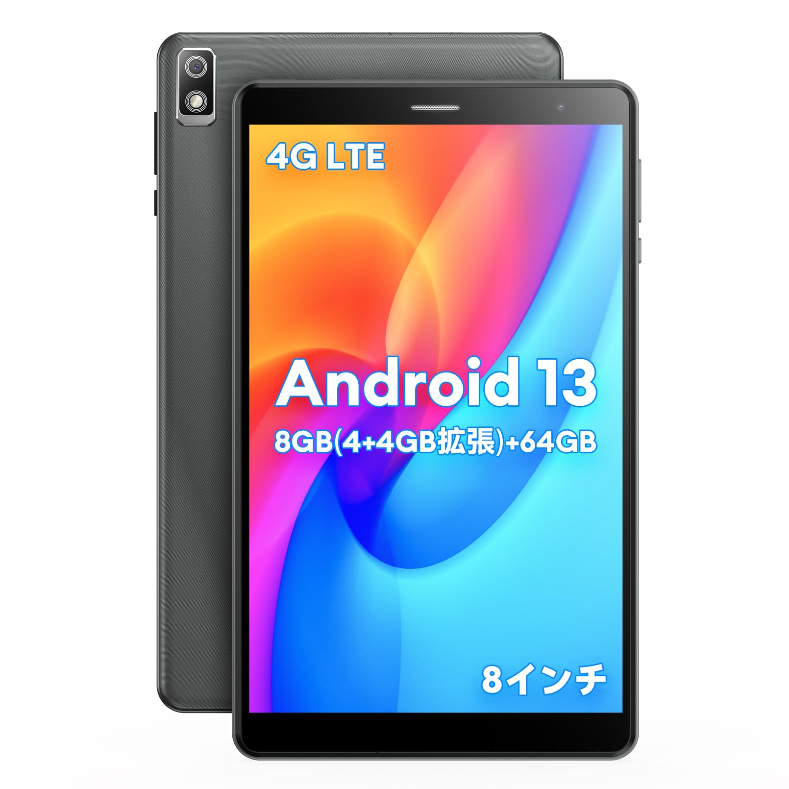 Headwolf FPad2 tablet displaying key features like Android 13 OS, T310 2.0GHz processor, 8GB RAM, 64GB ROM, 4G LTE, 2.4G/5G WiFi, G+G HD 8-inch screen, 5500mAh battery, wireless projection, face recognition, and GPS+Beidou+Galileo.