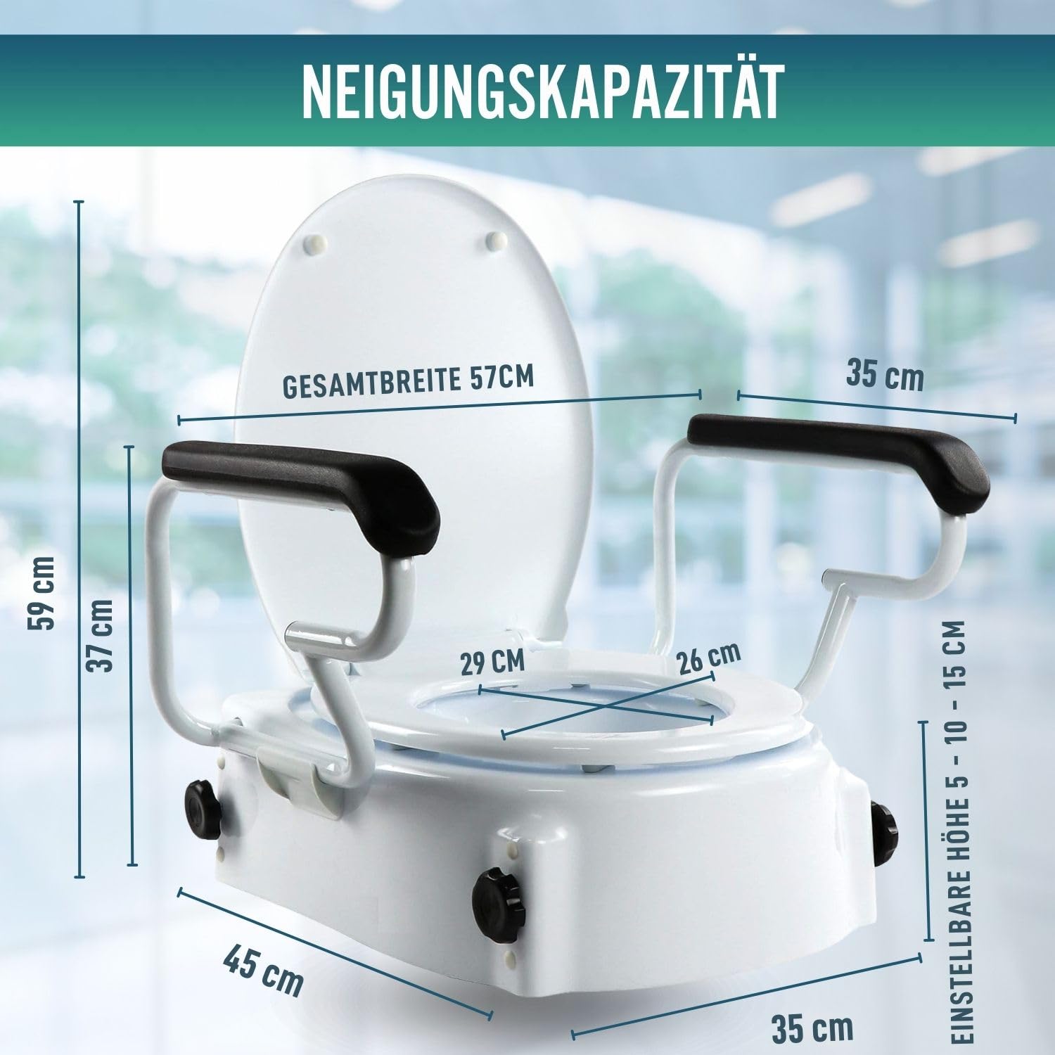 OrtoPrime Toillettensitzerhöhung mit Armlehnen - Höhenverstellbar 5, 10 und 15 cm - WC Sitz Erhöhung mit Absenkbarer Abdeckung - Toillettenaufsatz für Senioren - Sitzhilfe WC