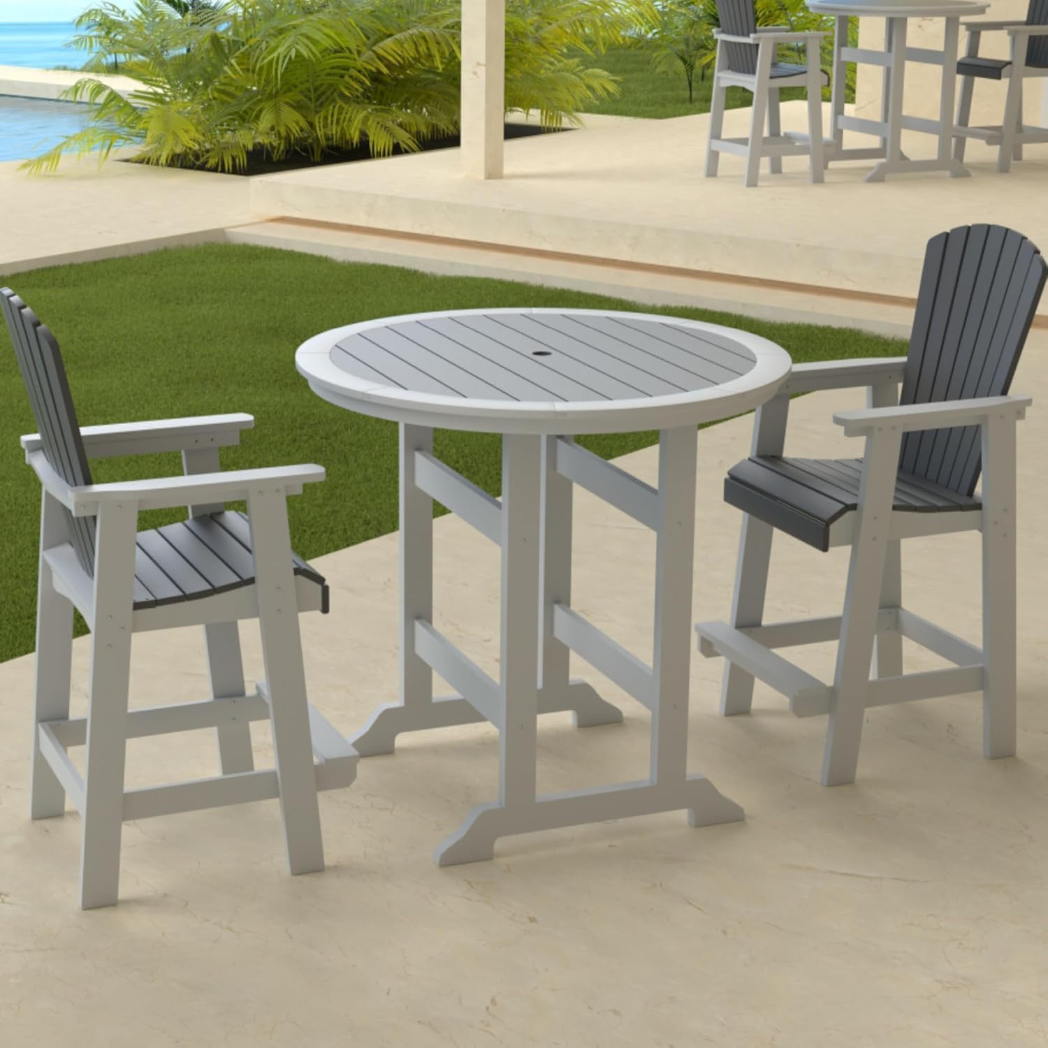 Outdoor Bar Table Height and Chairs Set of 3, Round Counter Bar Table with 1.96" Umbrella Hole, 2 Pcs Counter Tall Chairs Adirondack Chairs Bar Stools with Arm, Patio Dining Set for Backyard Balcony