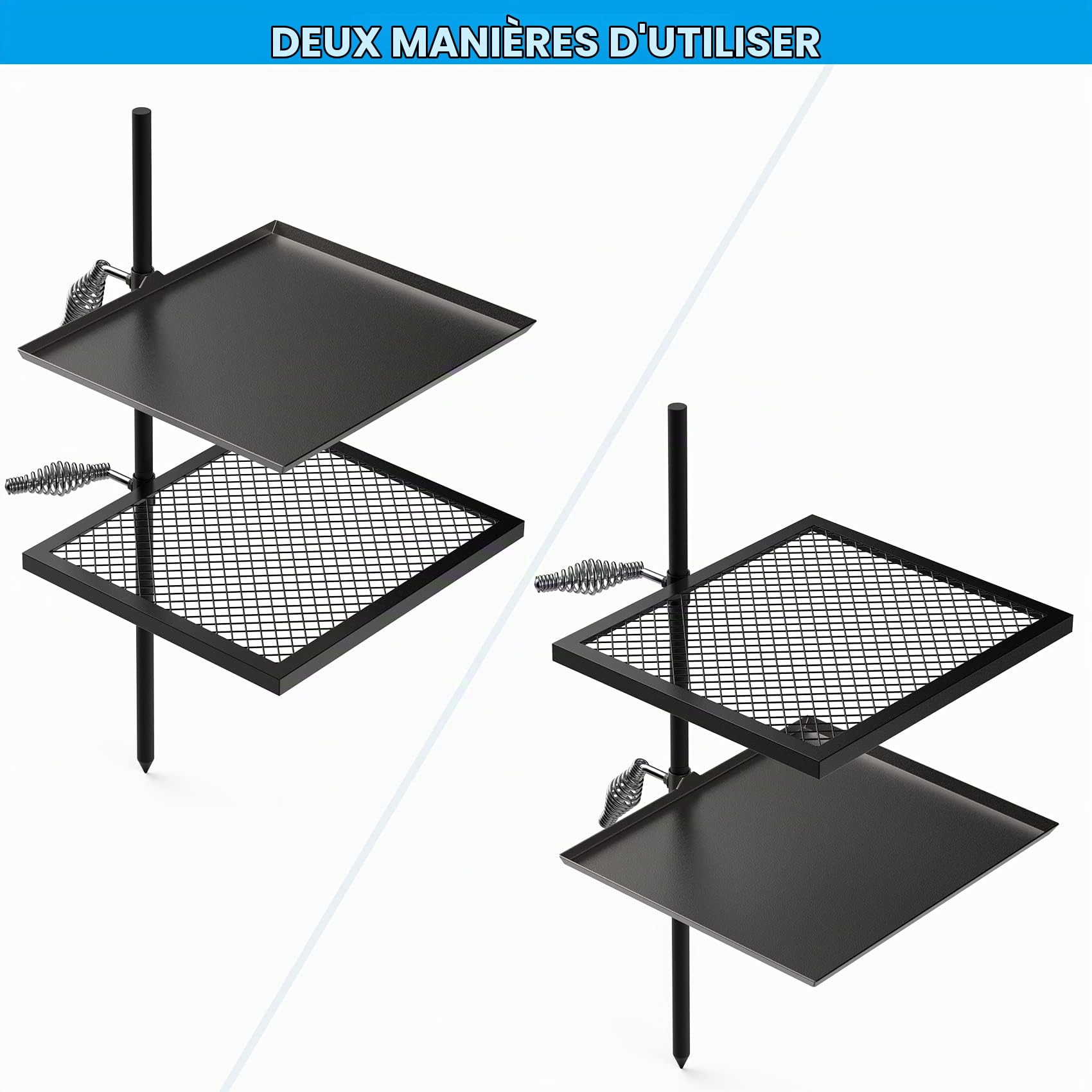 Onlyfire Kit de Grille et Plaque de Camp avec Sac de Transport pour Foyer, Barbecue, Jardin, Feu, Camping - Grille de Cuisson 35.4 x 40.5 cm - Plaque de Cuisson 35.2 x 40.5 cm - Hauteur Réglable