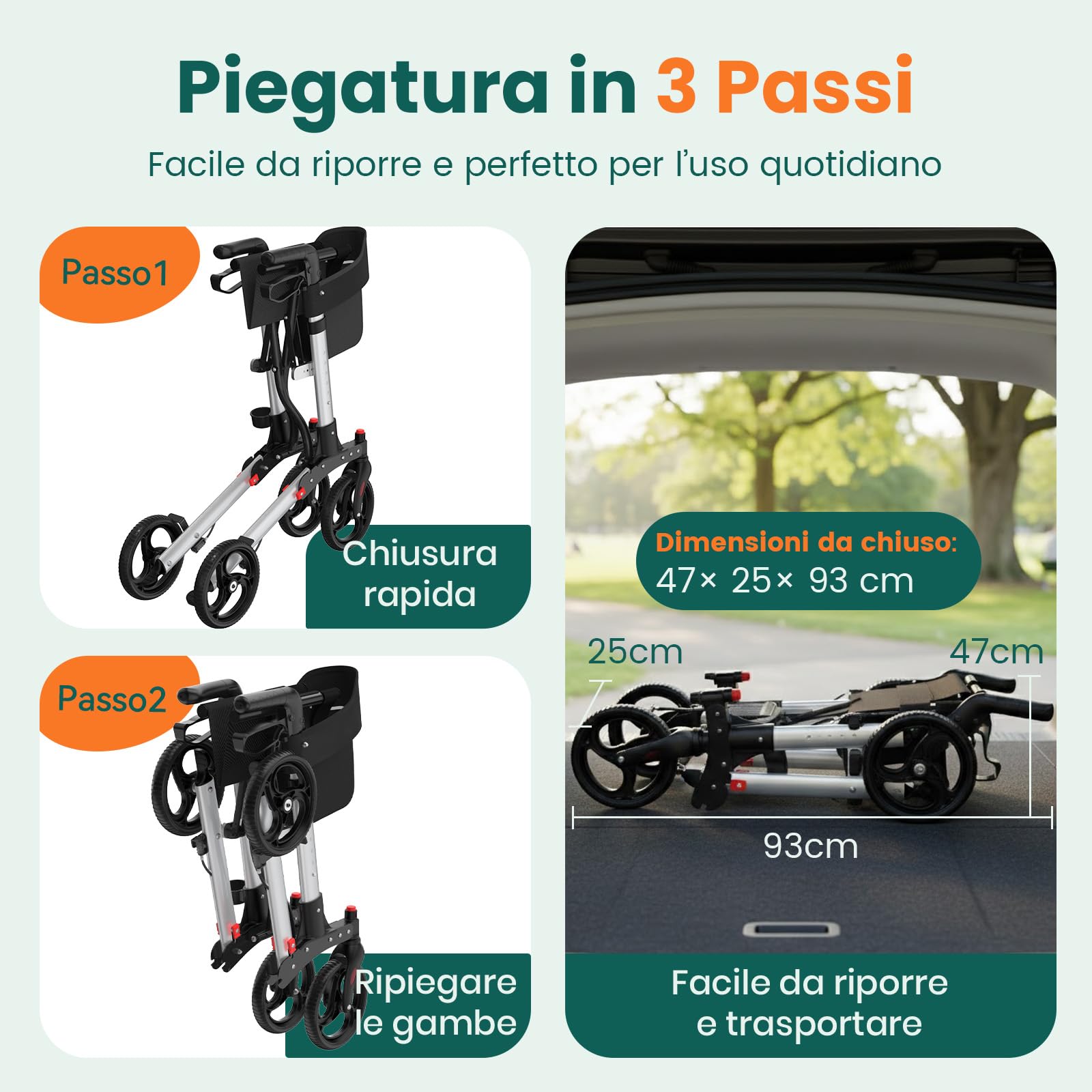 Rollator con seduta, Rollator a 4 ruote pieghevole per adulti, Portata fino a 136 kg, Sistema di doppio freno, Ruote da 8"", 6 livelli di altezza regolabile, Borsa rimovibile & Schienale – Argento