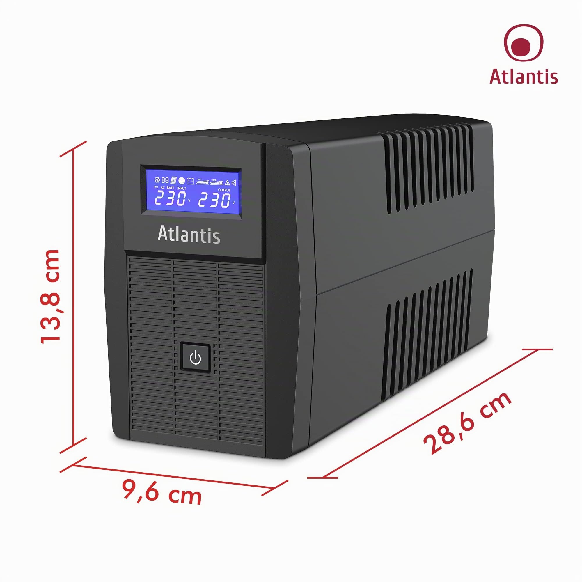 Atlantis A03-HP1003 Sistema de alimentación ininterrumpida Onda sinusoidal Pura 800VA 480W Line Interactive, Pantalla LCD, USB-HID, 2 Shuko, protección RJ45,Cable de alimentación, 1 batería 12V 9Ah