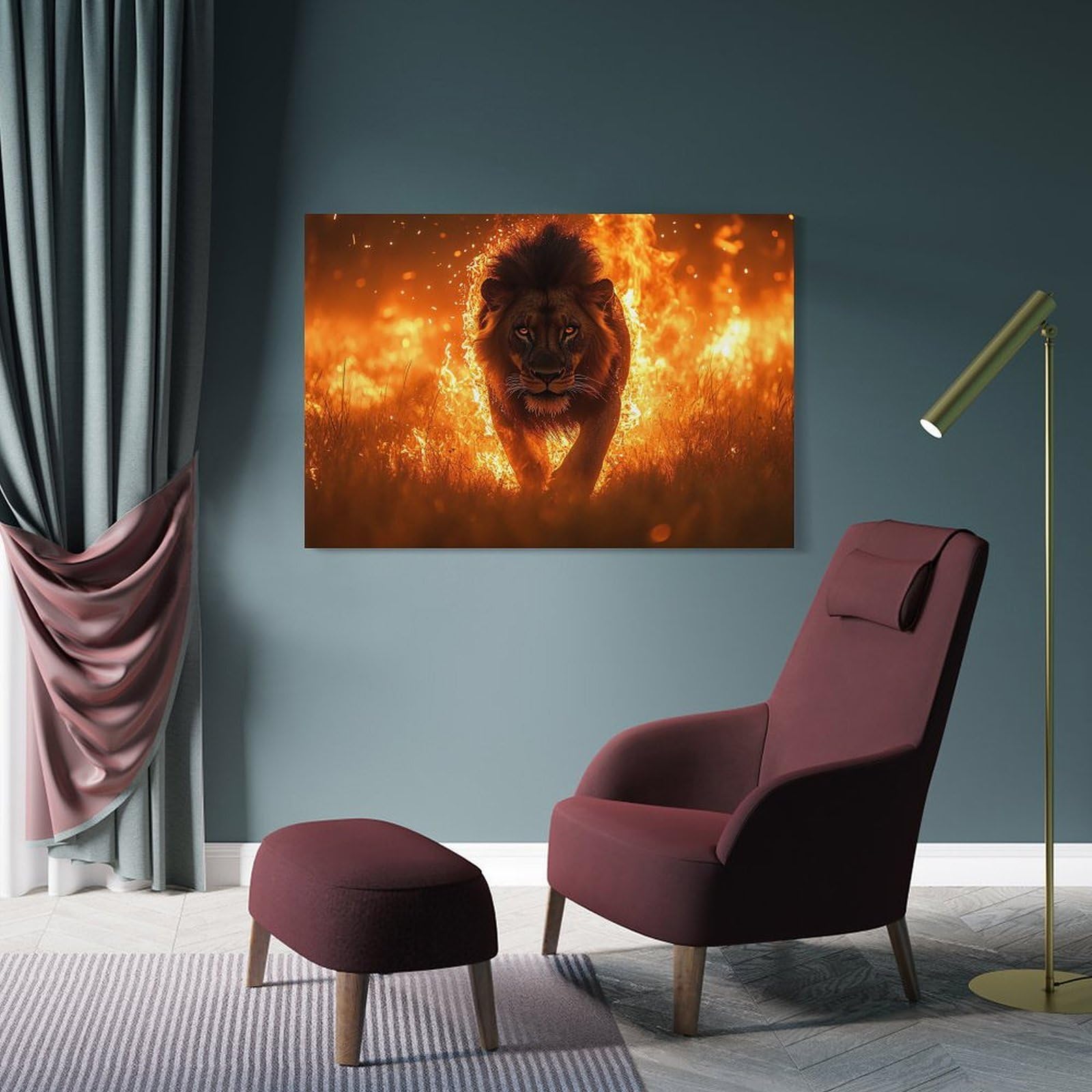 Junmoney Lion in Flames Decorative Wall Artwork 24x36inch(60x90cm), for Home Lounge, Bedroom Or Reading Nook, Modern Wall Decor for Cosy Interiors