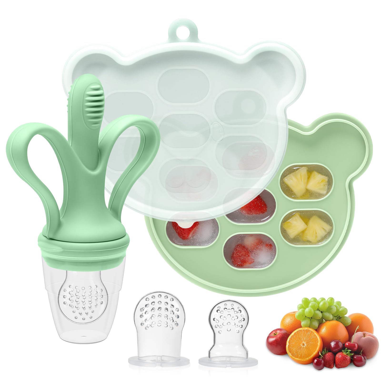Fruchtsauger Baby, Silikon-Eisformen für Muttermilch zur Kühlung und Linderung von Zahnungsbeschwerden, BPA-freier Silikon-Babynahrungssauger für sicheres selbstständiges Füttern von Säuglingen (Grün)