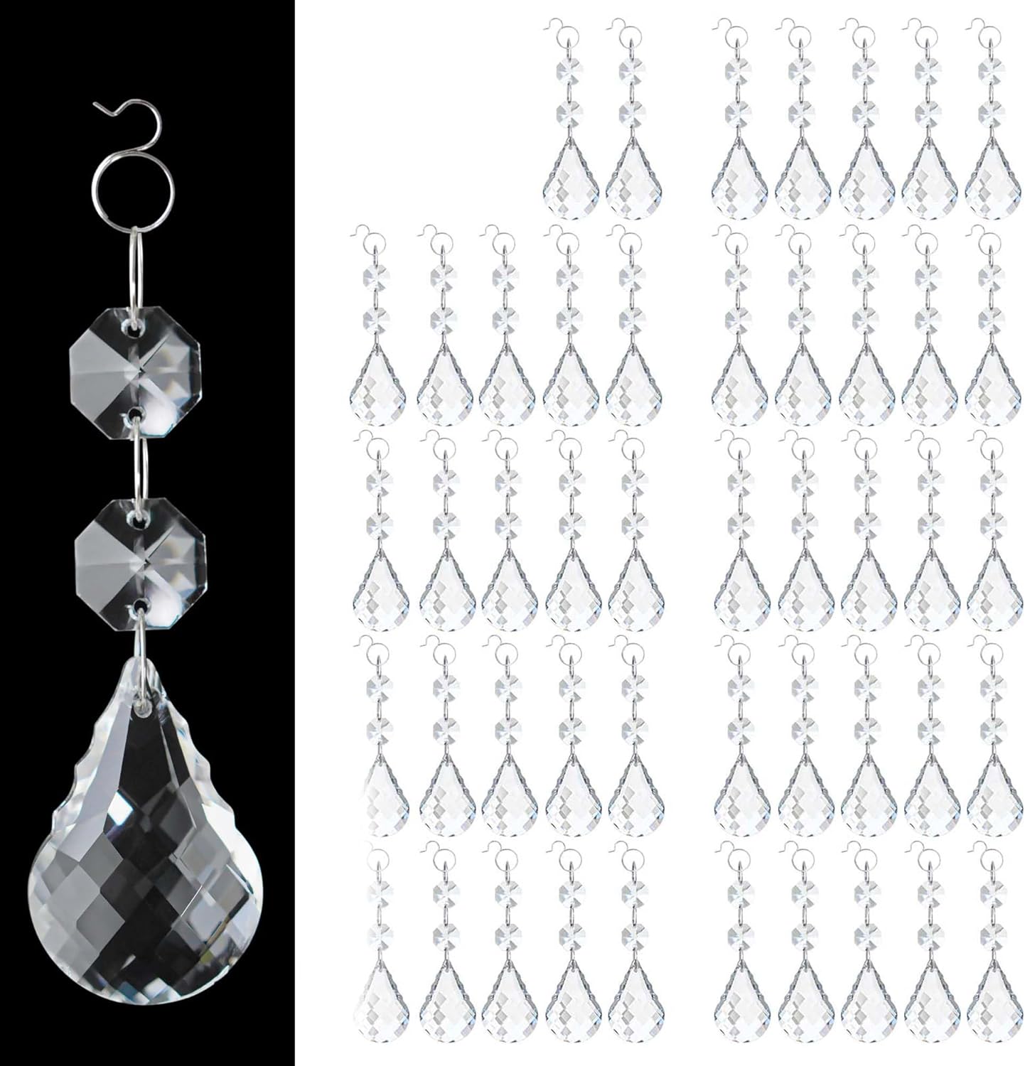 48 Pcs 38mm Clear Crystal Teardrop Pendants with Hook, Chandelier Prisms Replacement Parts,Glass Hanging Crystals for Suncatchers, Windows, Lamps, Christmas Tree & Home Decor