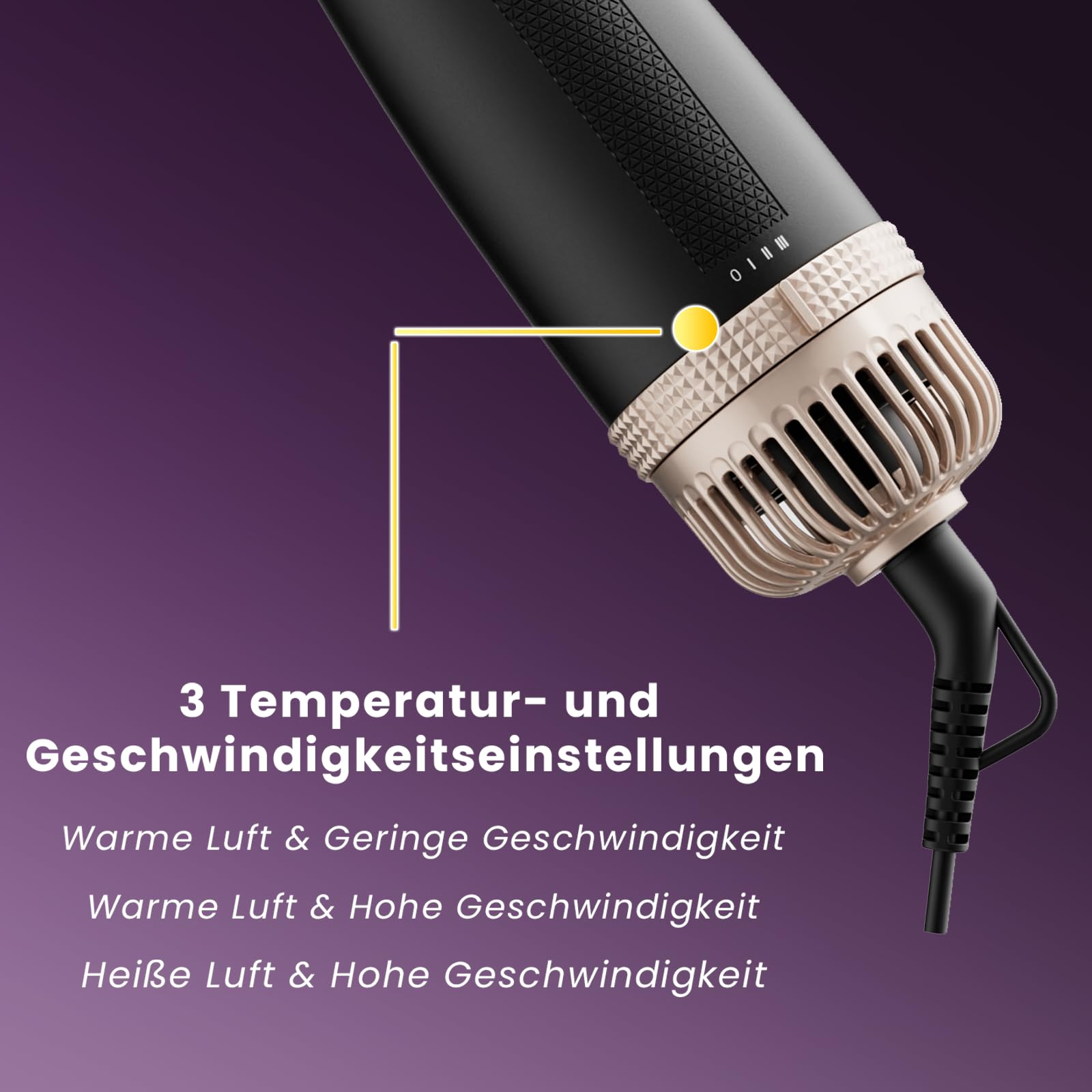 Rotierende Warmluftbürste, 3-in-1 Rundbürstenföhn mit 3 Köpfen zum Trocknen Styling Voluminierend Curling Schlafen in einem Schritt, 3 Temperaturen, Negativ-Ionische, Keramikbeschichtung, 360 ° Drehen