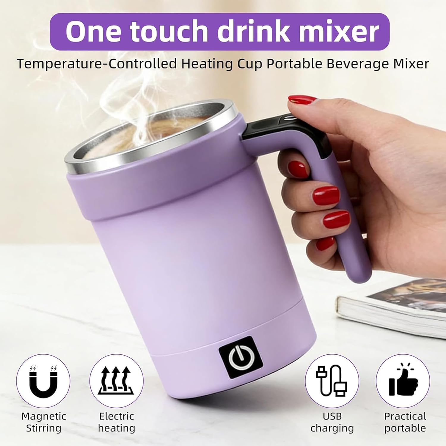 Taza agitadora magnética, taza de viaje calentada con control de temperatura inteligente, mezclador de bebidas portátil, recargable por USB-C, uso con una sola mano, base extraíble para café y té