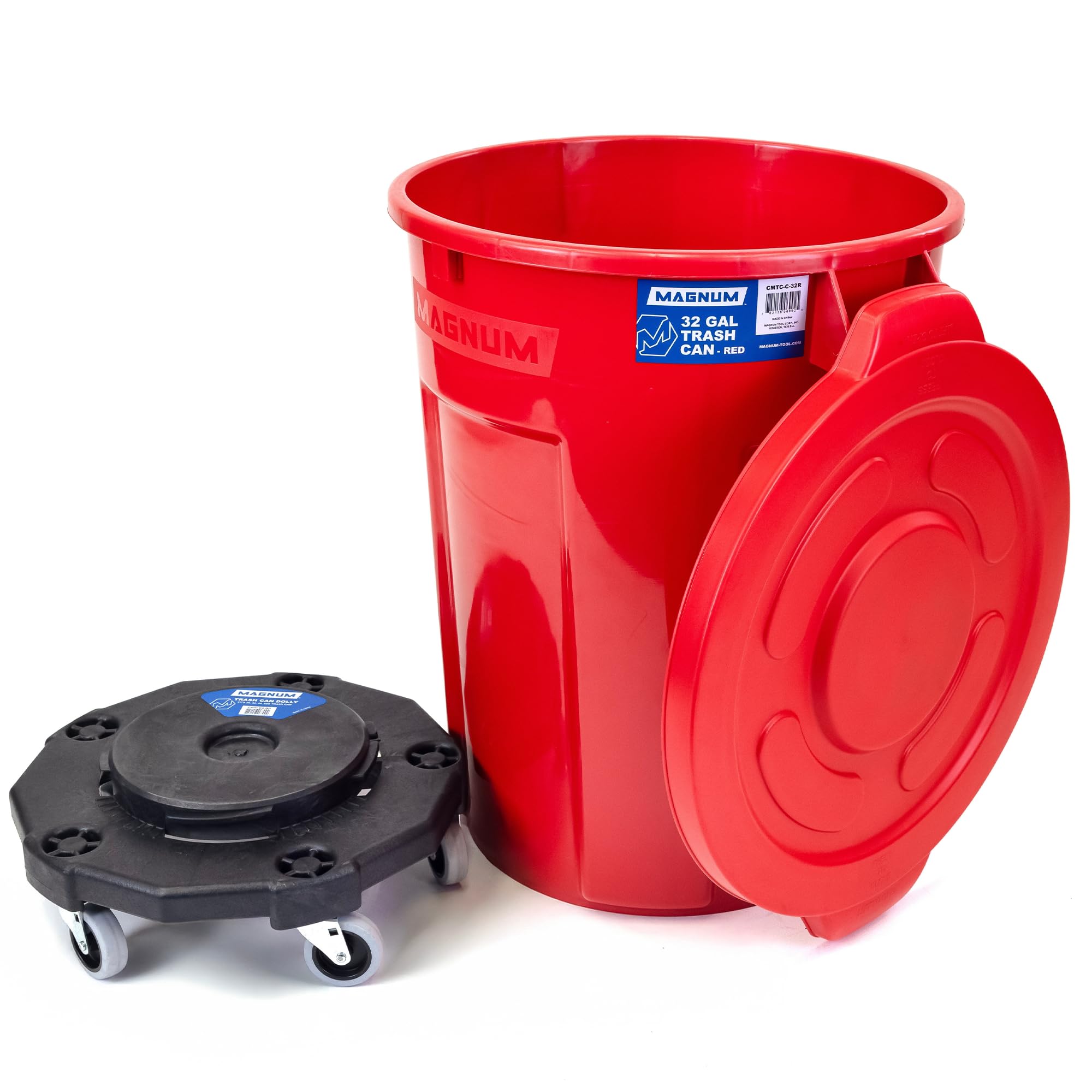 Magnum Red 32 Gallon Trash Can Set (Trash Can, Quiet Dolly, and Reinforced Lid), Construction Grade, Jobsite Ready, Non-Marking Wheels & Casters for Rolling Garbage CMTC-CLD0-32R01 (1 Set)-image-30