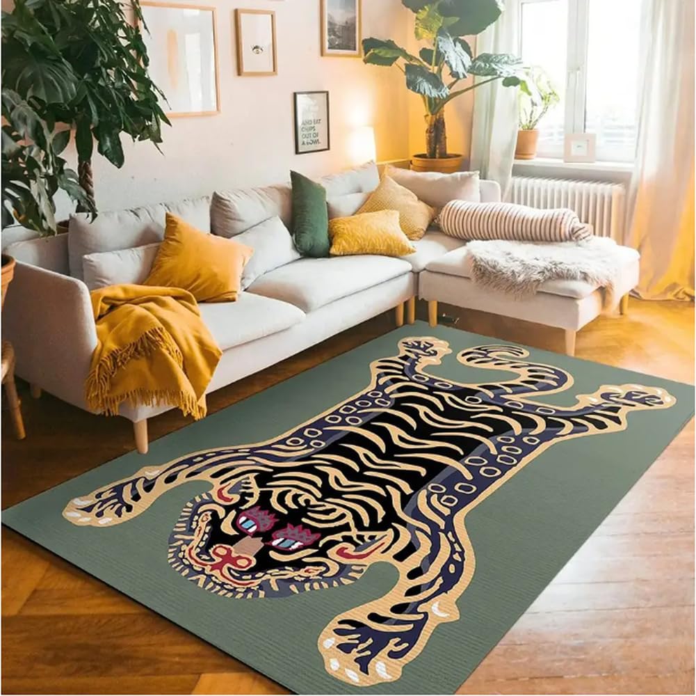 Tapis anti-glisse tigre vintage grand format pour sécuriser le salon