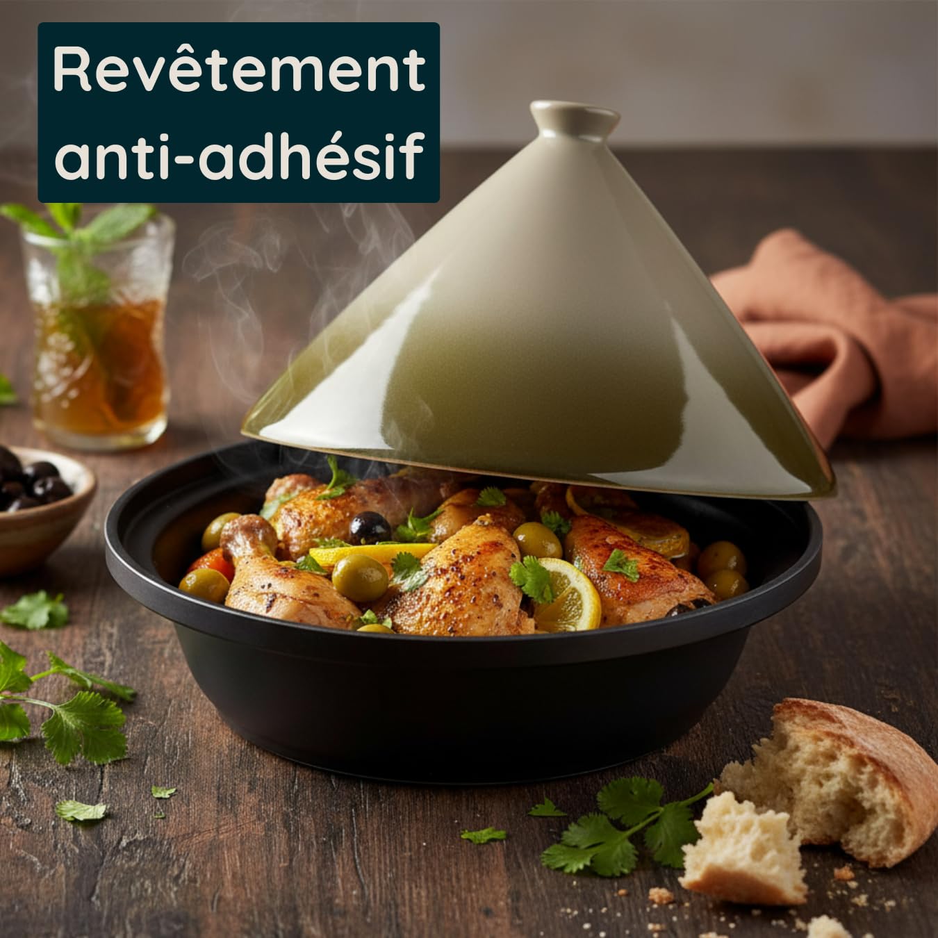 Tajine Induction Tous Feux Diamètre 30 cm - Revêtement antiadhésif - Couvercle Céramique – Fonte d’Aluminium – Marmite, Casserole, Plat pour une Cuisine Orientale Traditionnel