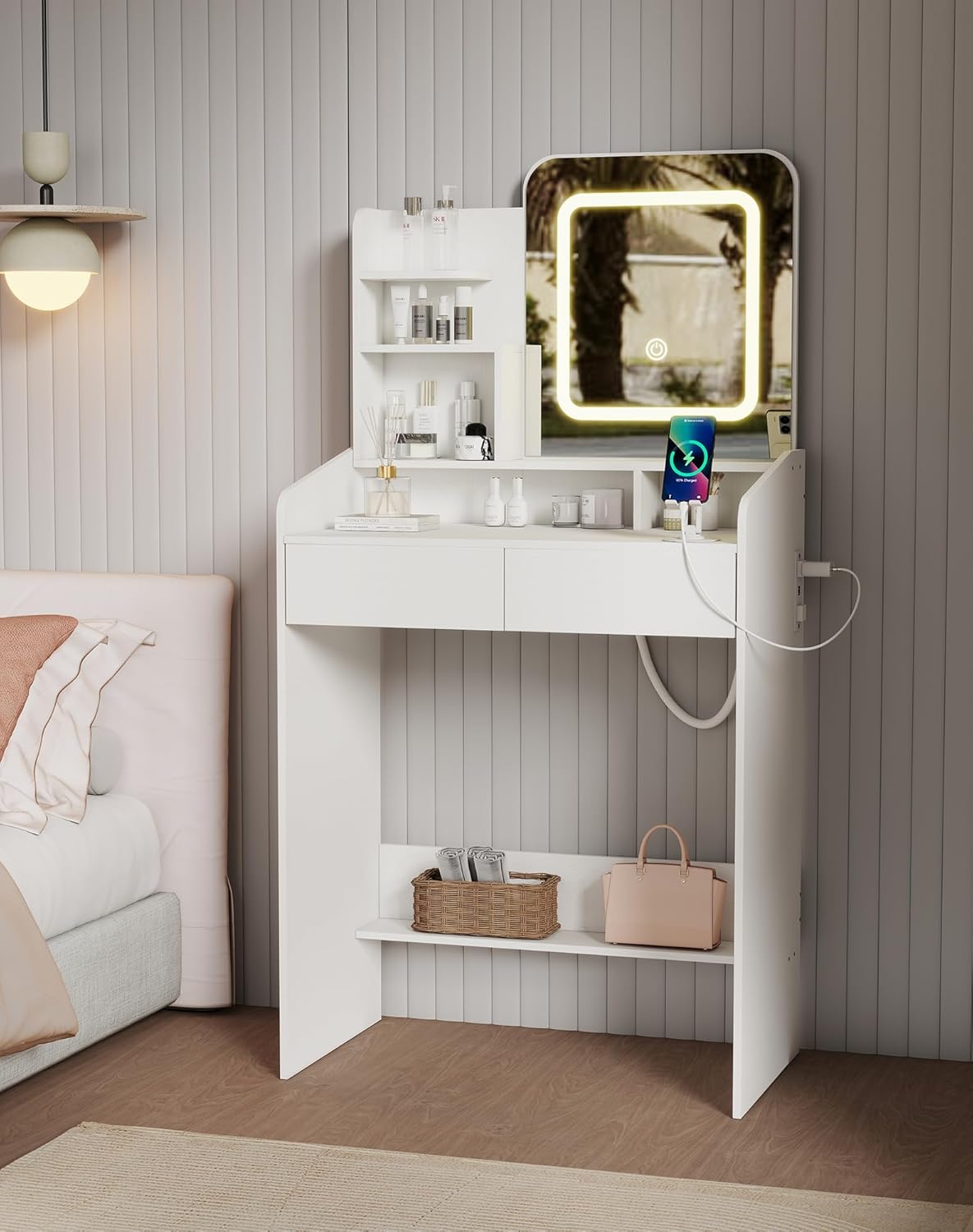 Small Makeup Vanity Desk for Girls with Lighted Mirror, 26.5” W Dressing Table with 2 Drawers and Power Outlet, 3 Light Modes & Adjustable Brightness, Vanity Table for Women Bedroom, White