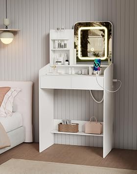 Small Makeup Vanity Desk for Girls with Lighted Mirror, 26.5 W Dressing Table with 2 Drawers and Power Outlet, 3 Light Modes & Adjustable Brightness, Vanity Table for Women Bedroom, White