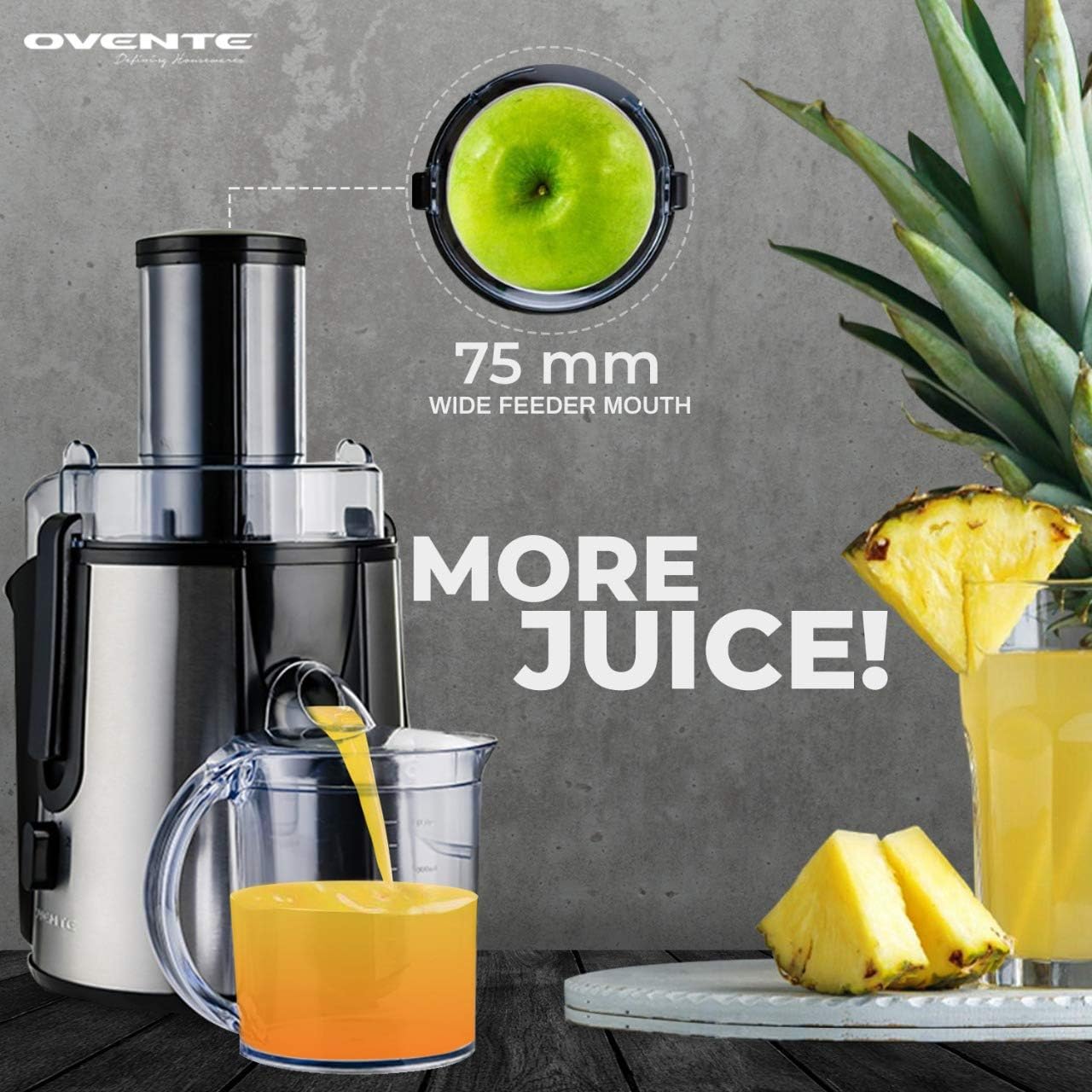 Ovente Electric Cold Press Juicer Extractor Machine for Citrus Fruit or Vegetable, 3 Inch Feed Chute Stainless Steel Cutting Disc, 700 Watt Easy Clean Squeezer for Fresh Orange Juice, Silver JE7607BR